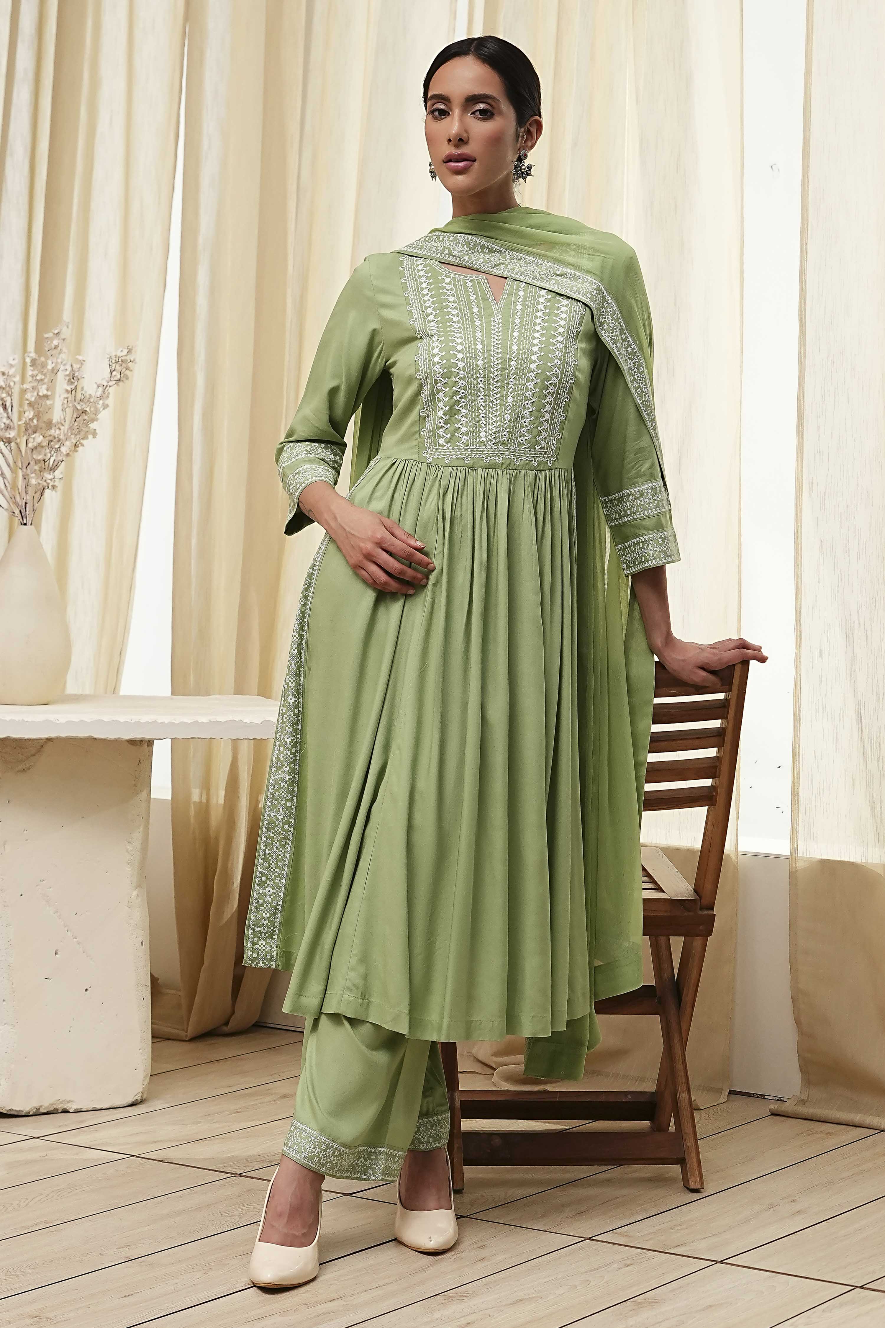 Olive Green Embroidered Gathered Suit Set image number 0