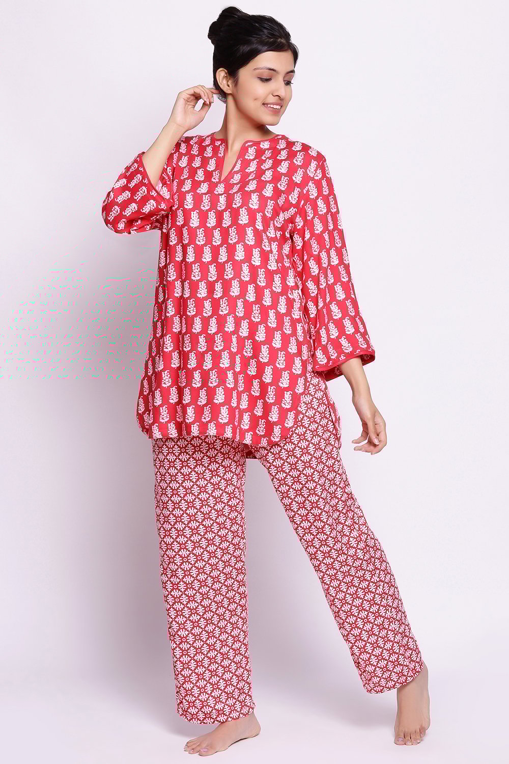 Dark Pink Cotton Printed Loungewear Set image number 3