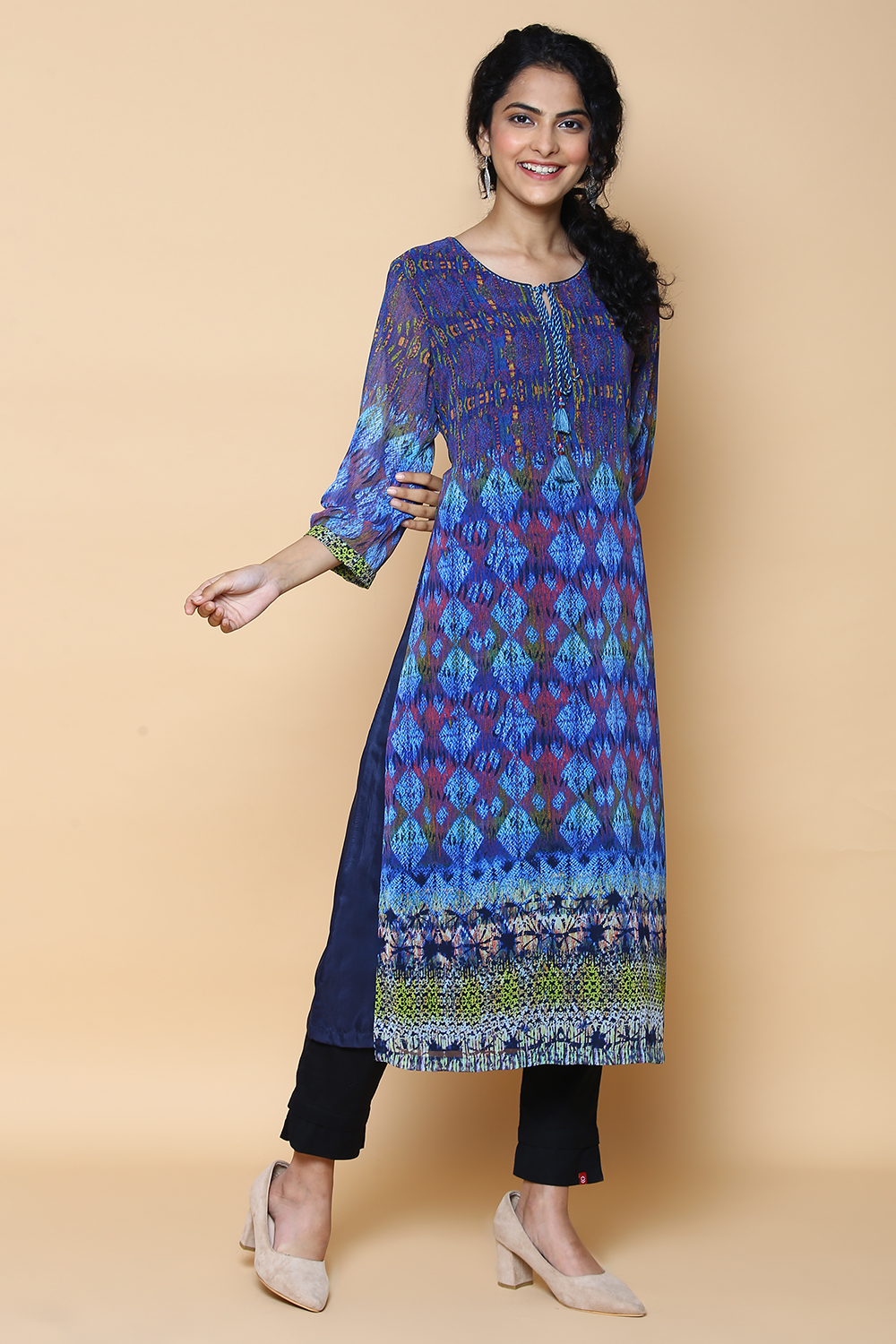 Indigo Art Silk Printed Kurta image number 3