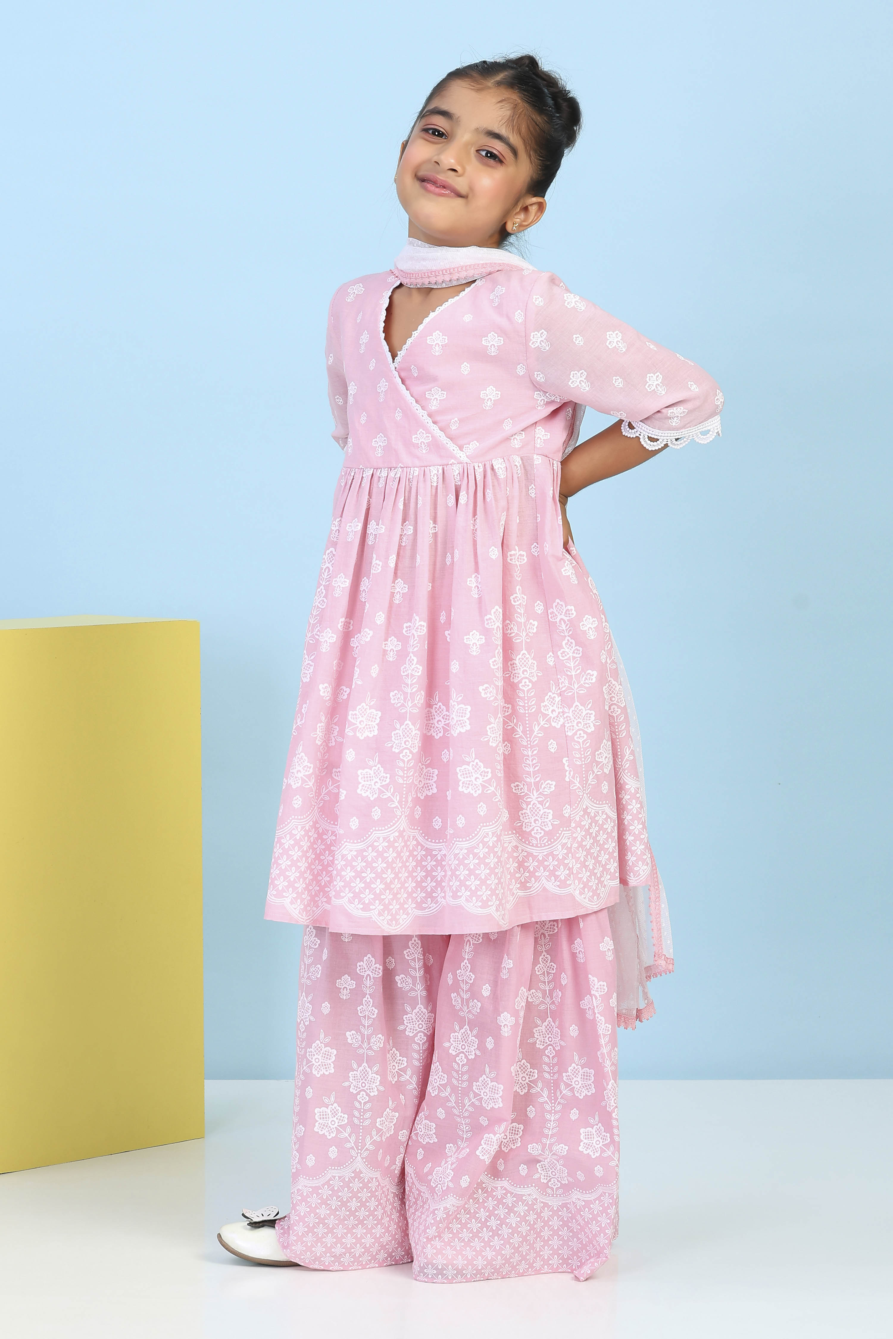 Pink Cotton Printed A-line Suit Set image number 3