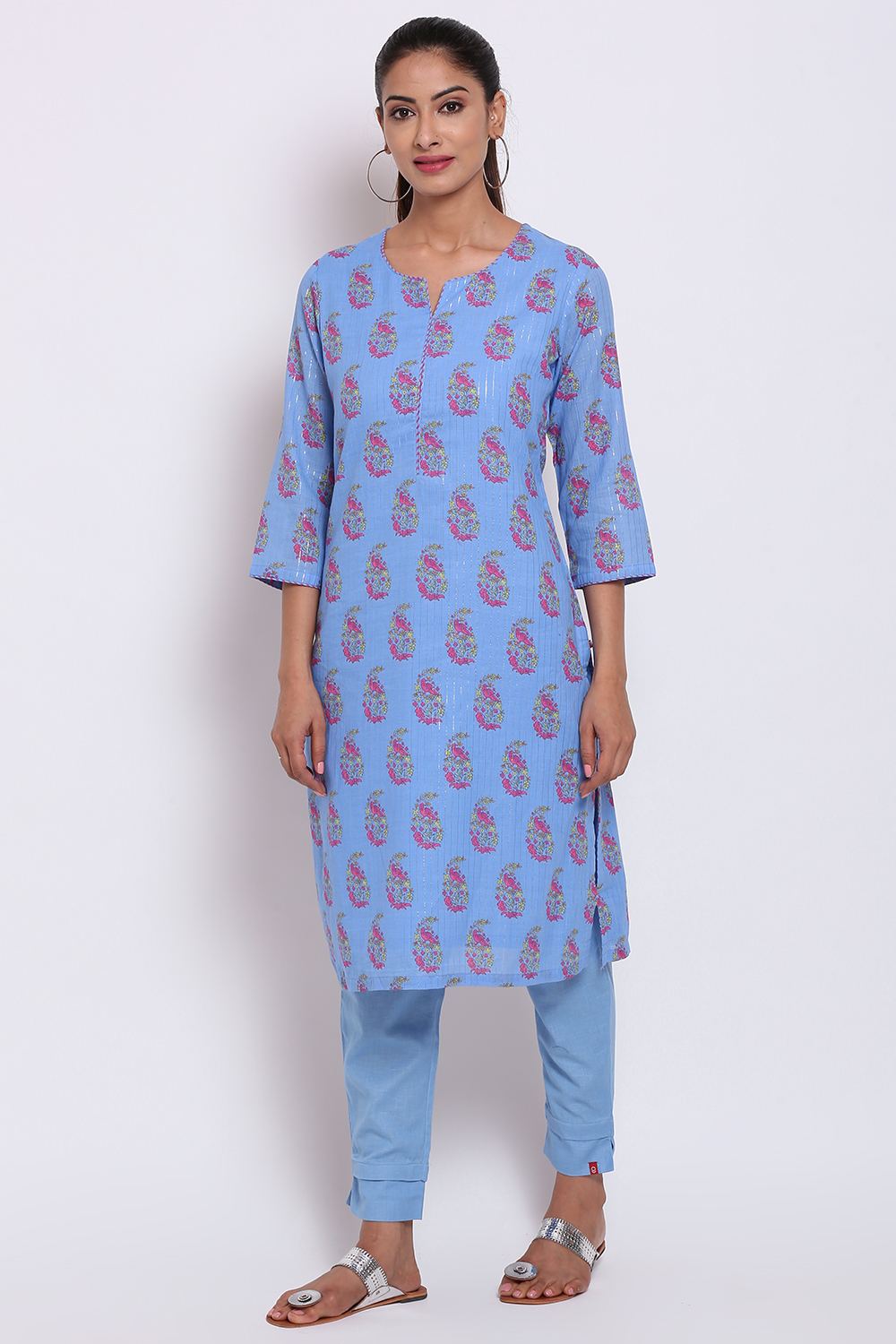 Blue Metallic Cotton Printed Kurti image number 3