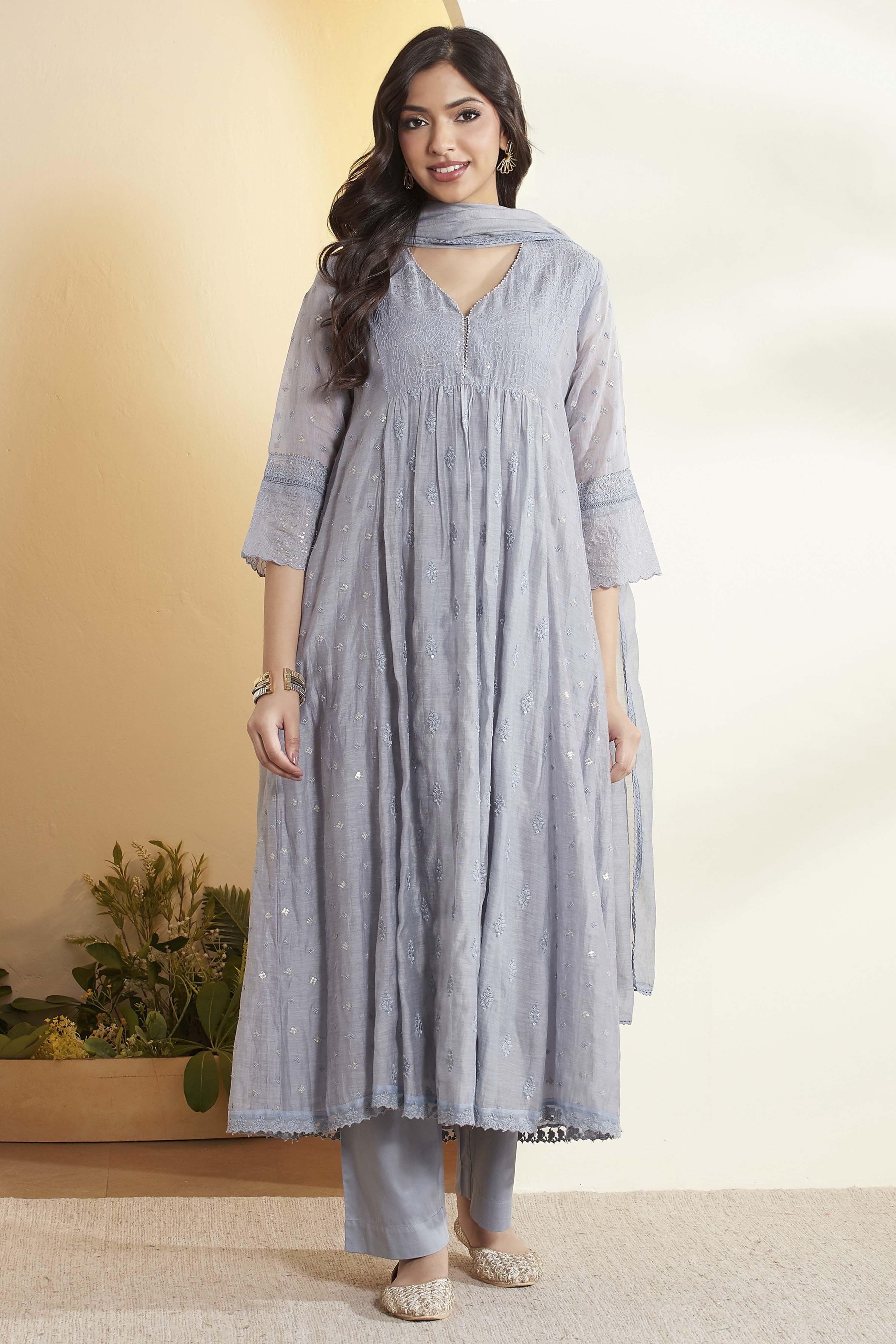 Powder Blue Cotton Silk Kalidar Suit Set image number 7