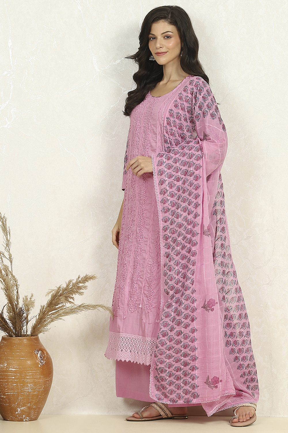 Purple Cotton Unstitched Suit Set image number 1