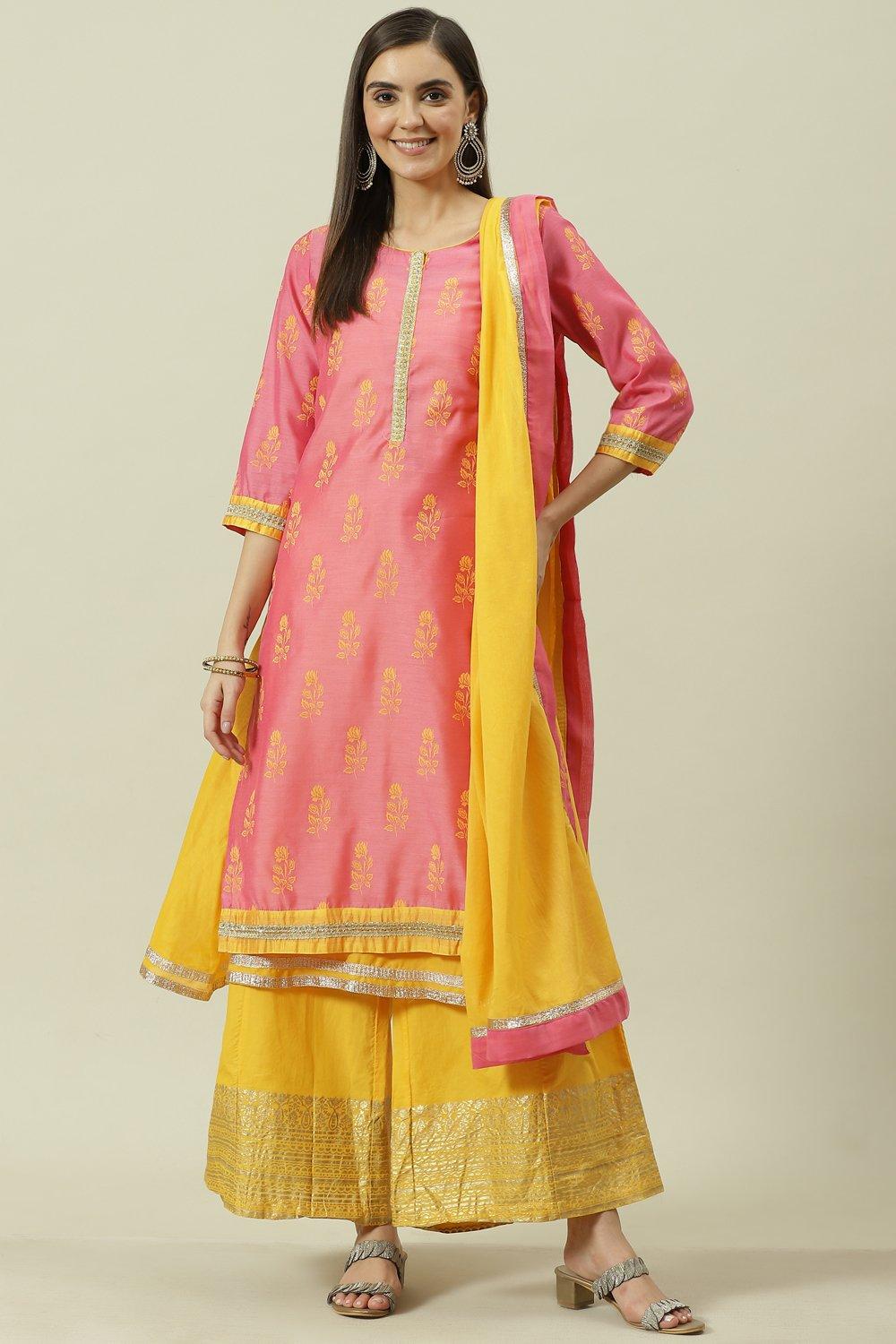 Pink & Yellow Printed Layered Kurta Palazzo Suit Set image number 0