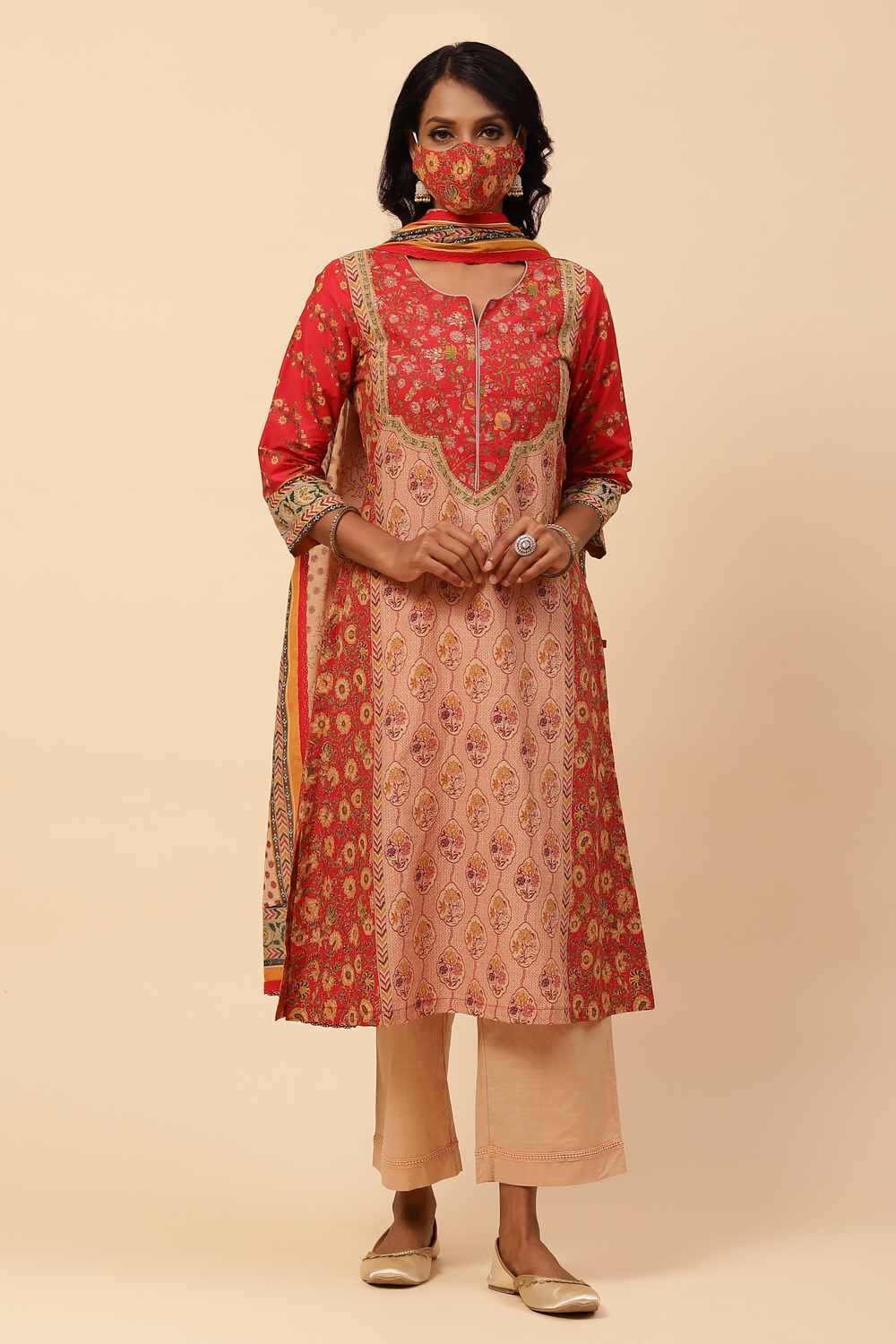 Red Cotton Straight Kurta Palazzo Suit Set image number 4