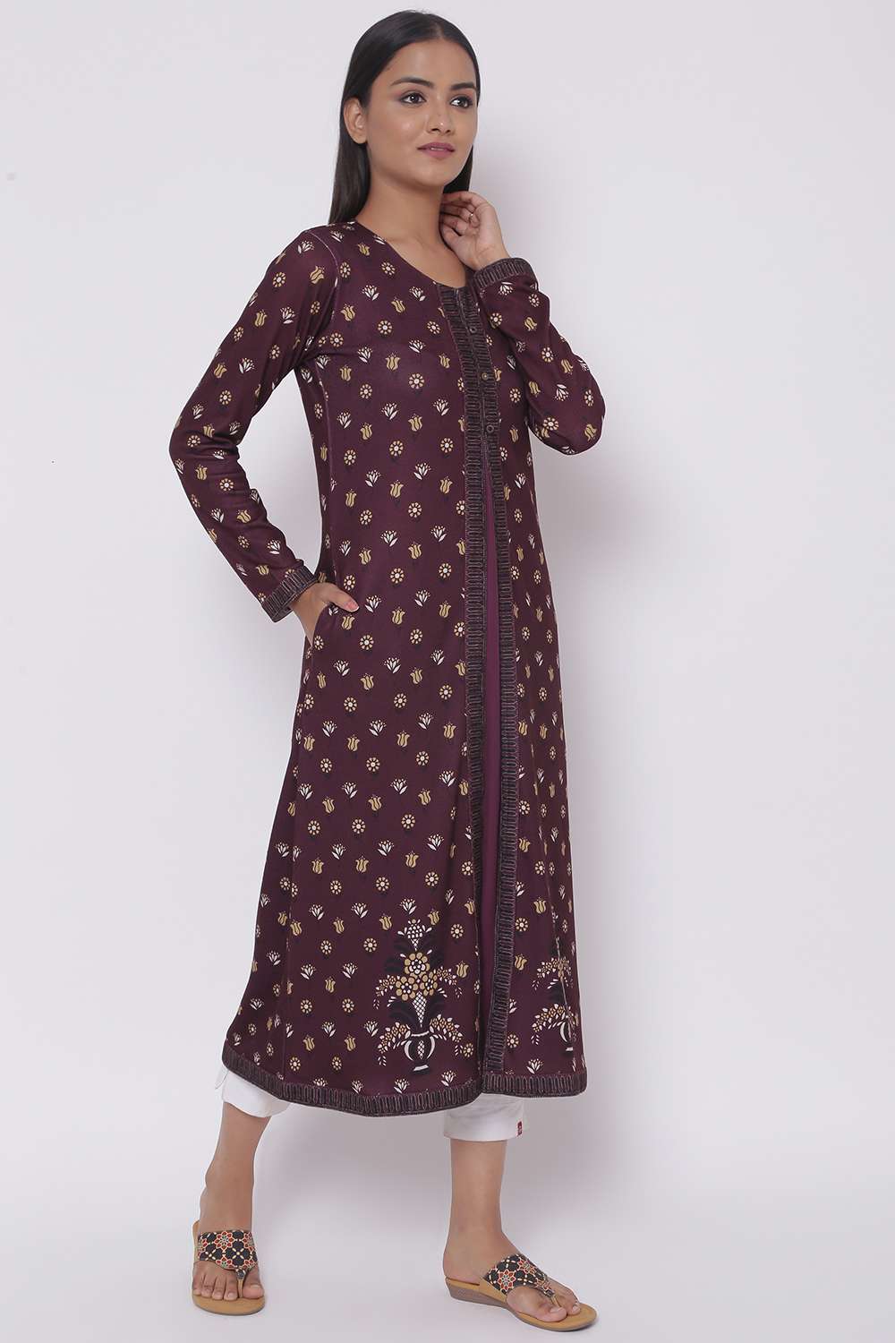 Plum Printed Winter Yarndyed Kurta image number 3