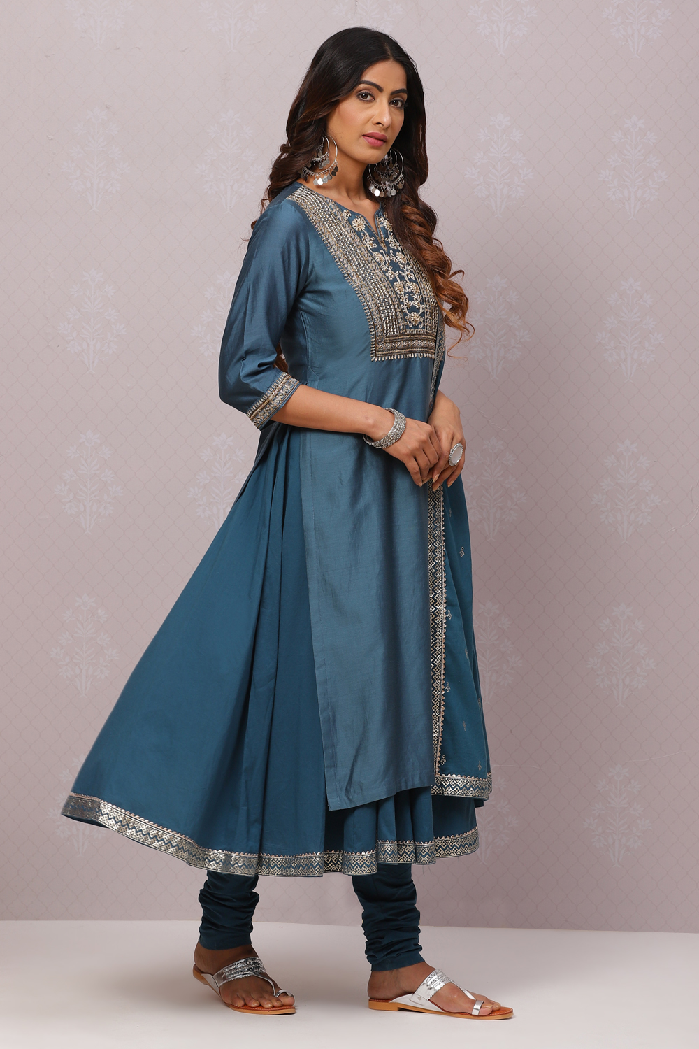 Teal Cotton Silk Flared Kurta Churidar Suit Set image number 7