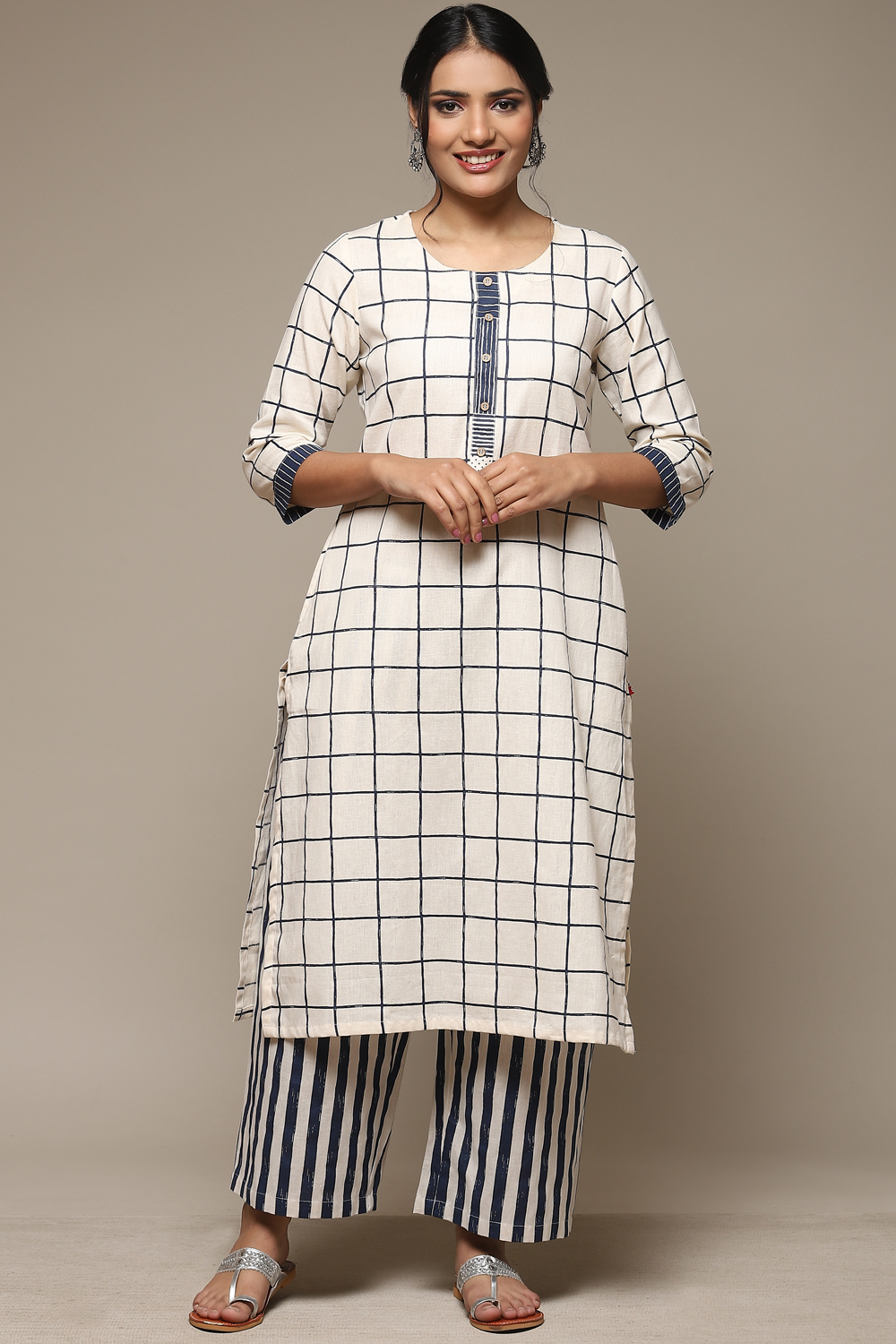 Natural & Blue Cotton Blend Straight Kurta Palazzo Suit Set image number 6