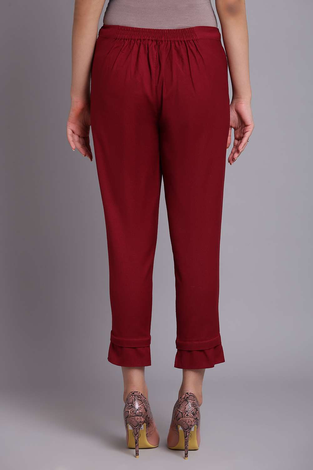 Maroon Cotton Flax Slim Pants image number 4