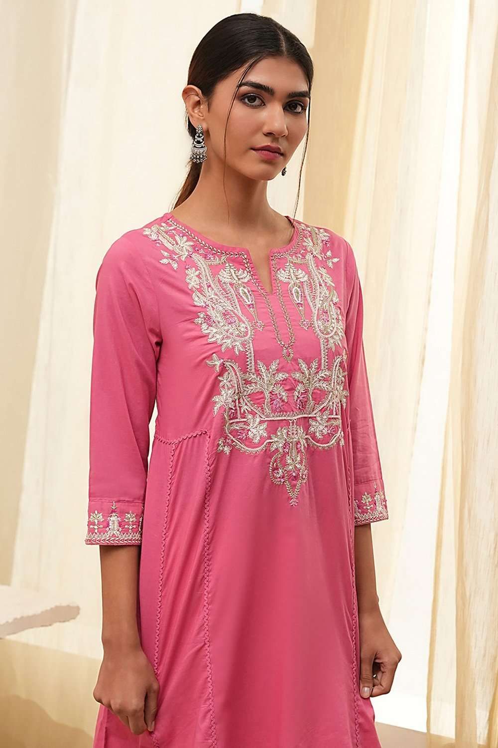 Pink Cotton Embroidered A-Line Kurta image number 1