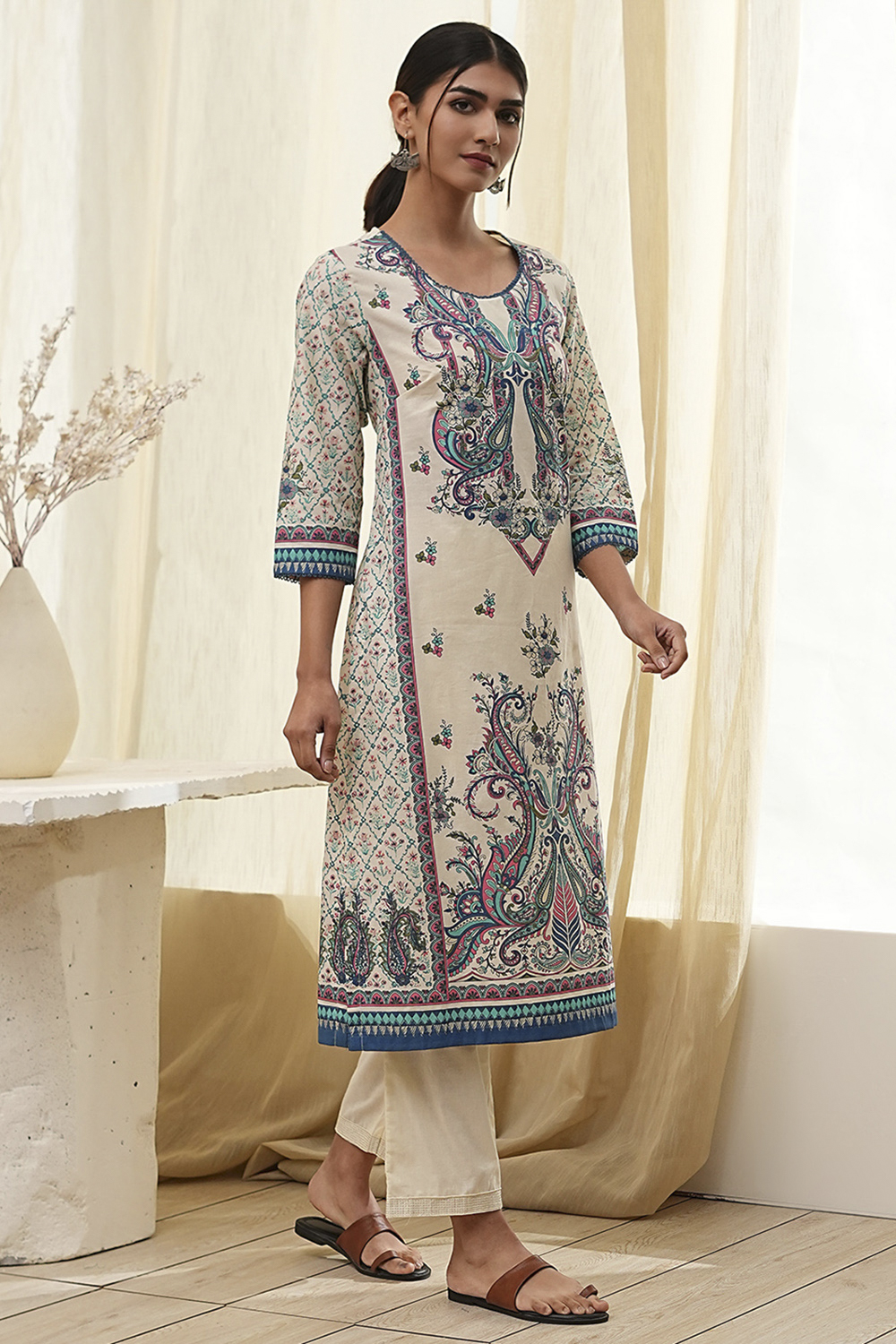 Blue Pure Cotton Printed Straight Kurta image number 4
