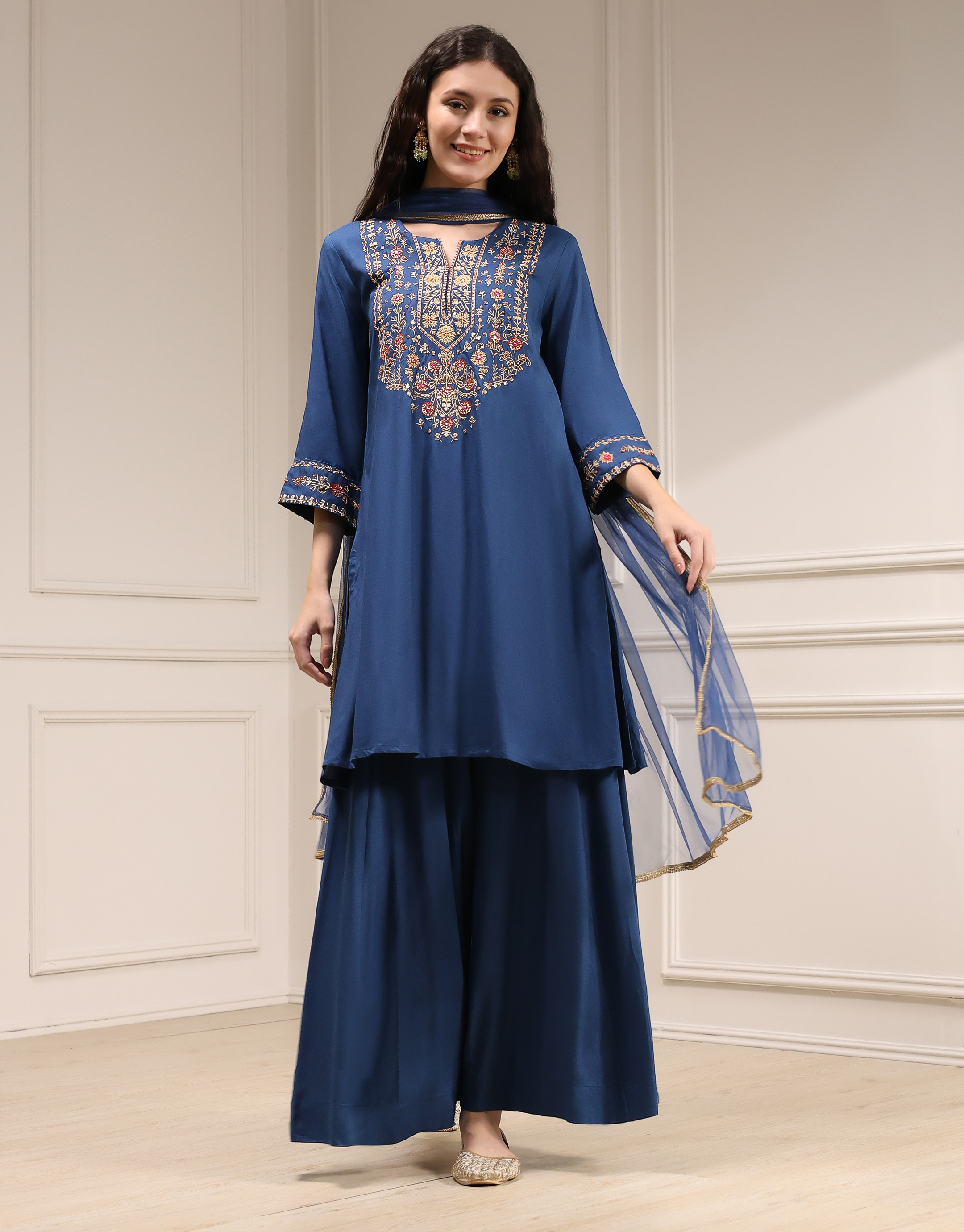 Navy Blue Embroidered Straight Suit Set image number 6