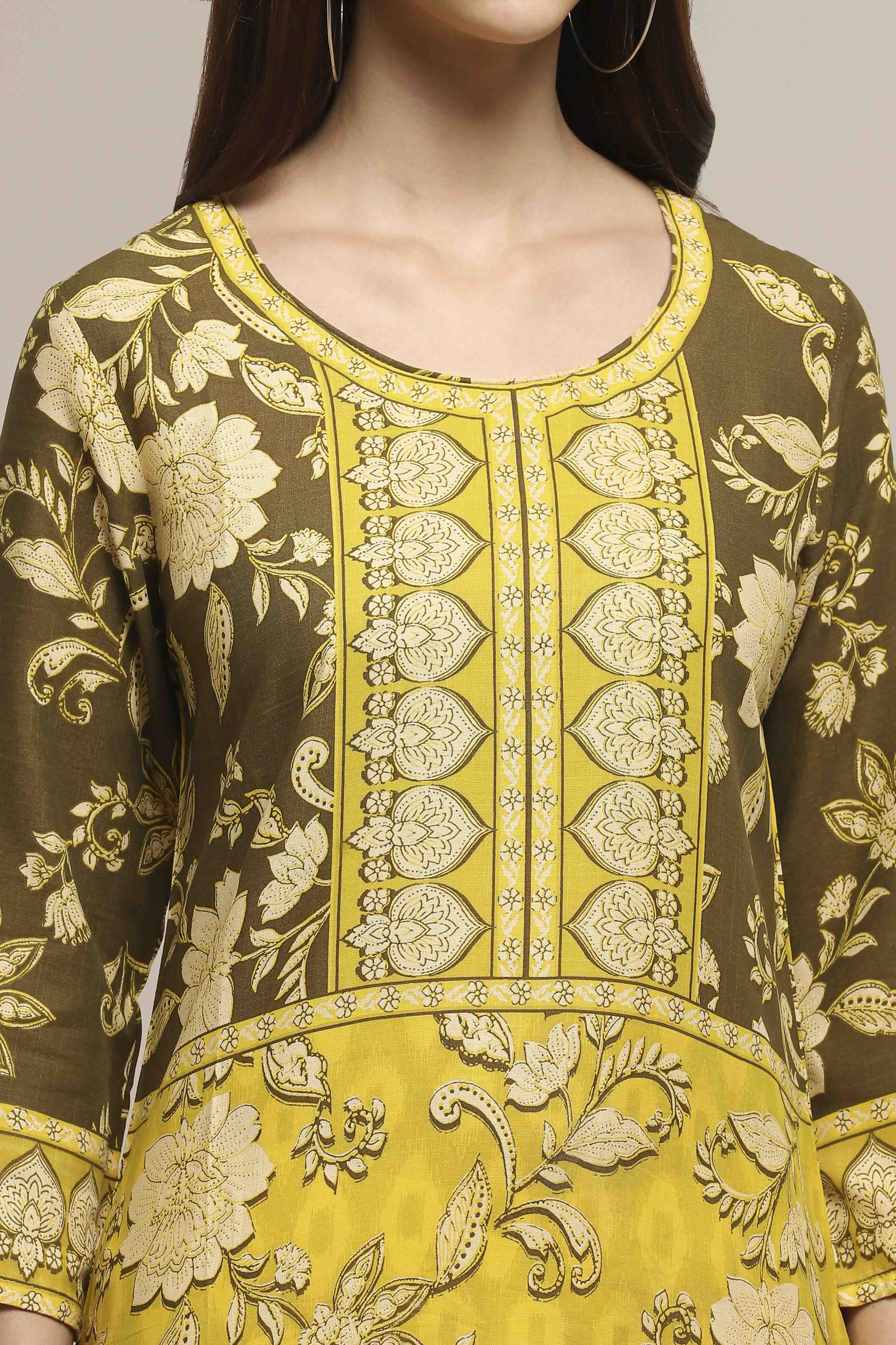 Olive Green LIVA Straight Printed Kurta image number 1