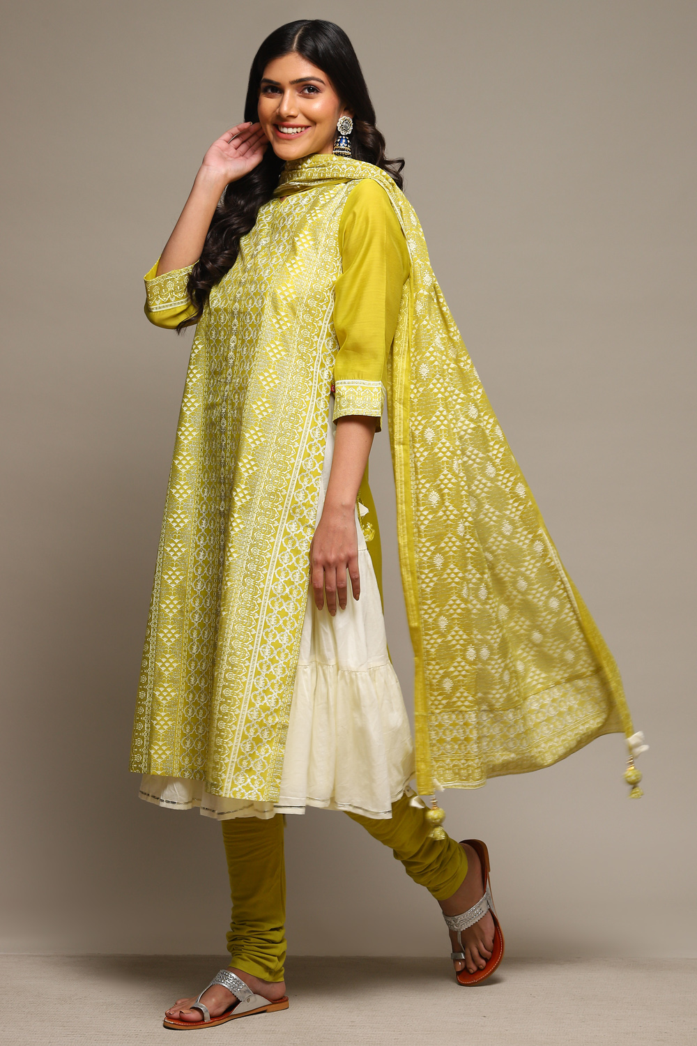 Lime Green Cotton Blend Layered Kurta Churidar Suit Set image number 7