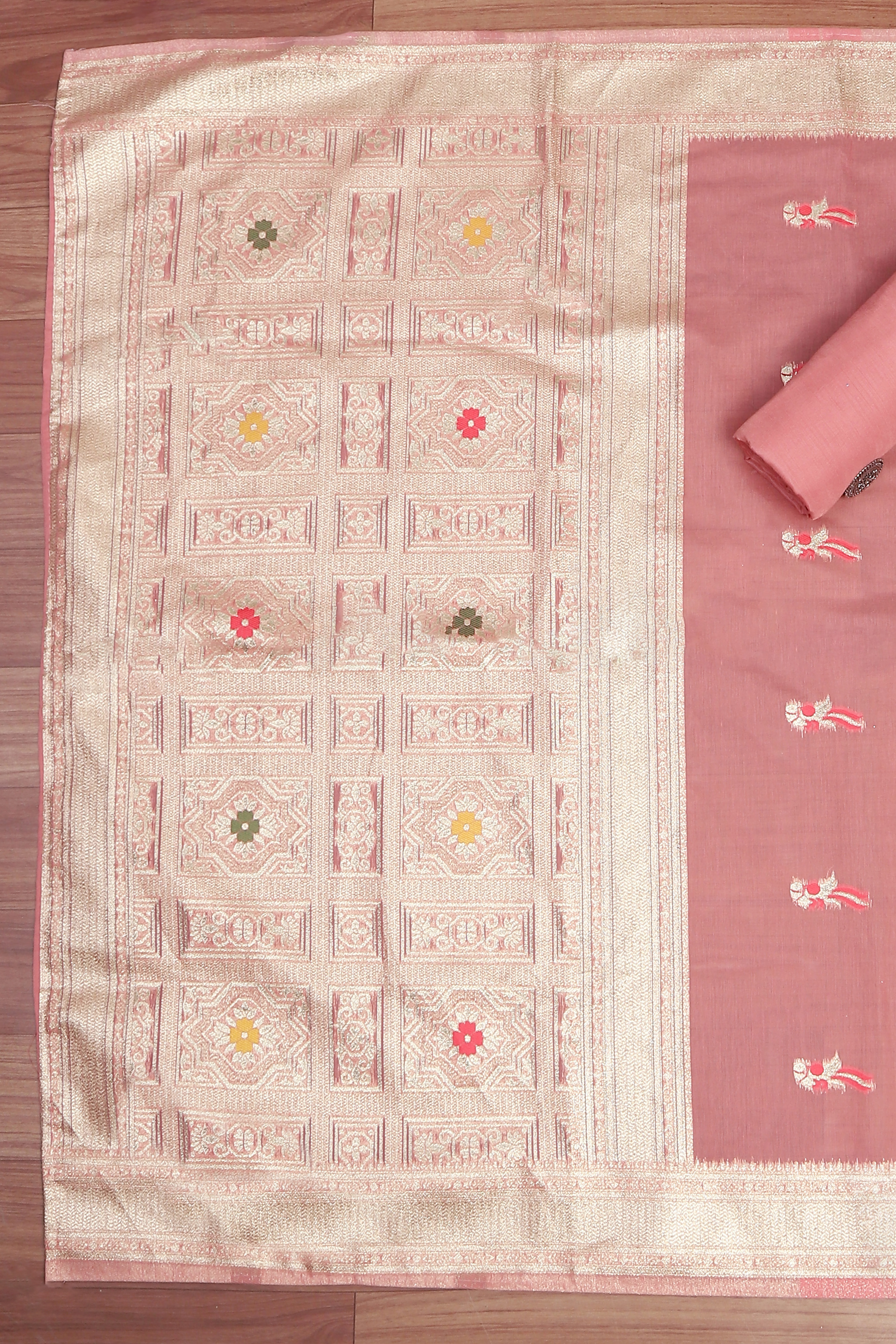 Pink Tissue Chanderi Embroidered Unstitched Suit Set image number 3