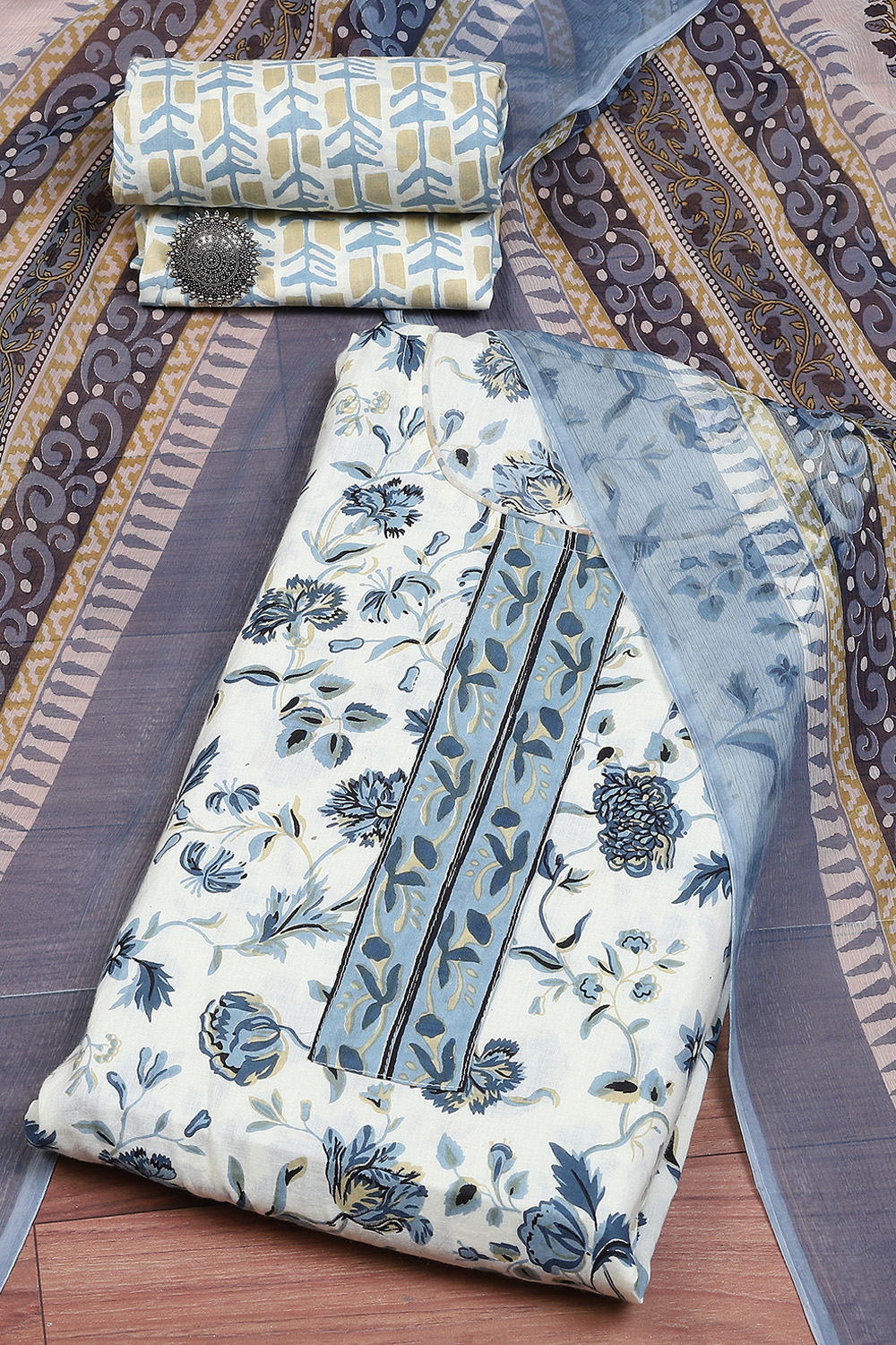 Blue Cotton Printed Unstitched Suit Set image number 0