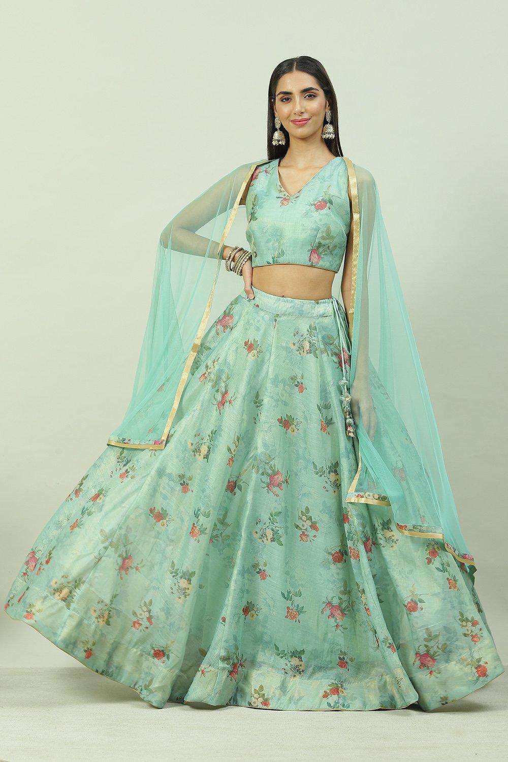 Sea Green Cotton Blend Lehenga Set image number 0