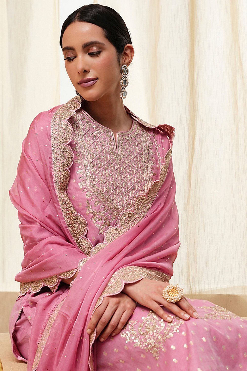 Powder Pink Embroidered Straight Suit Set image number 4