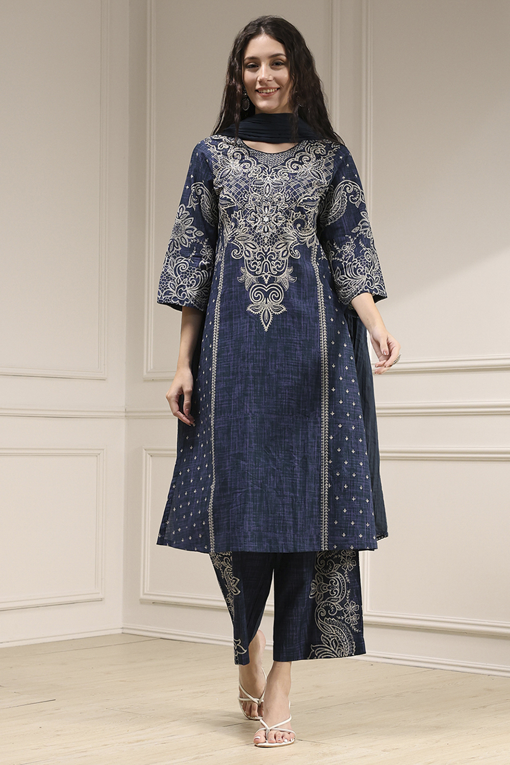 Blue Pure Cotton Printed Straight Suit Set image number 5