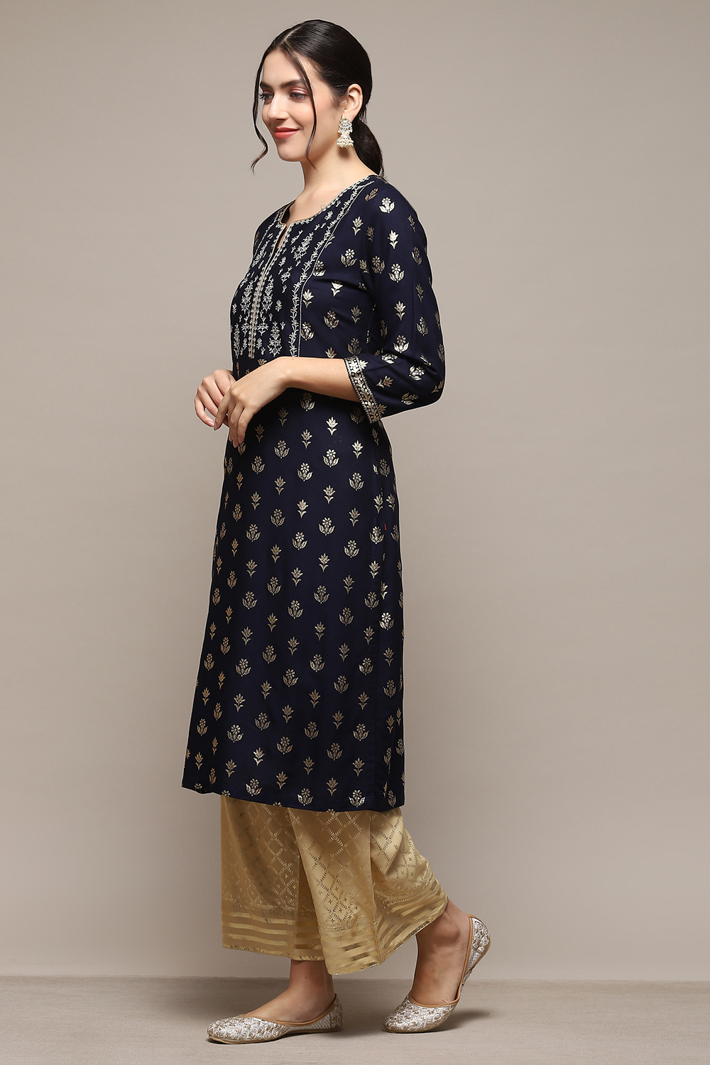 Navy Blue Rayon flax Straight Kurta Palazzo Suit Set image number 3