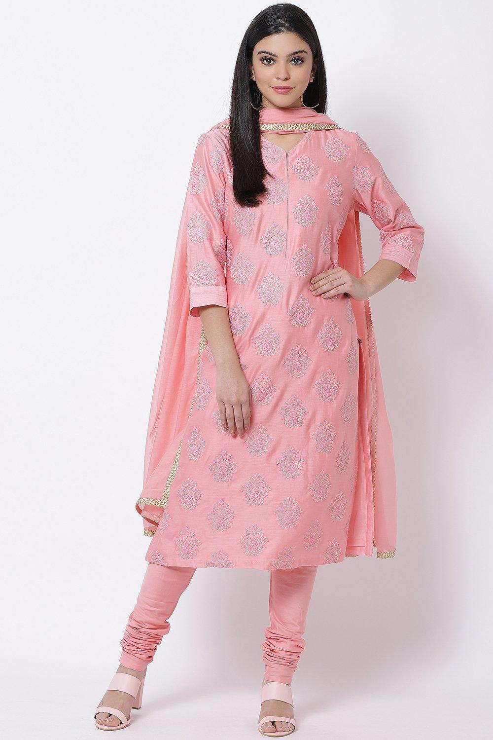 Peach Straight Kurta Churidar Suit Set image number 2