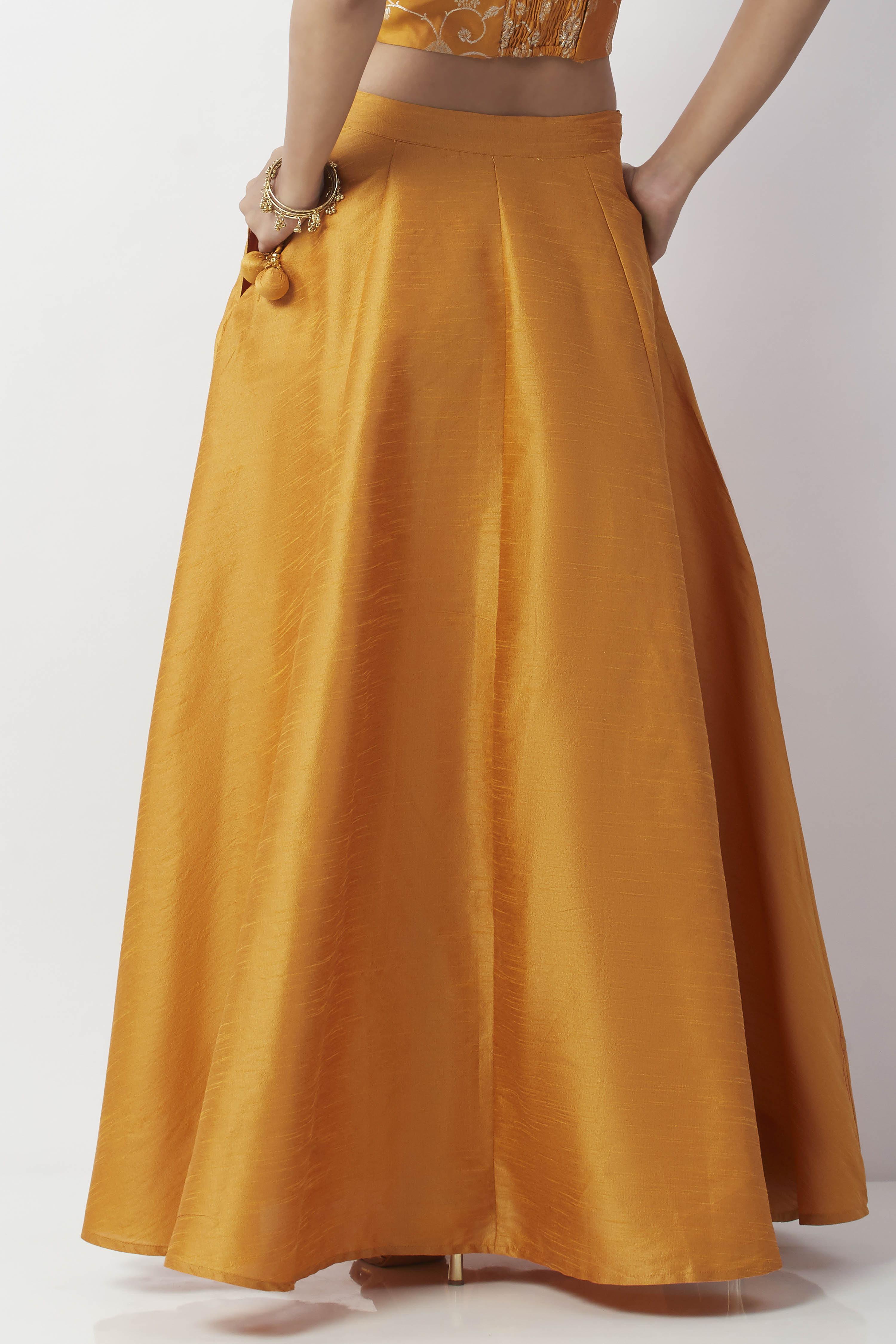 Mustard Poly Dupion Solid Flared Maxi Skirt image number 5