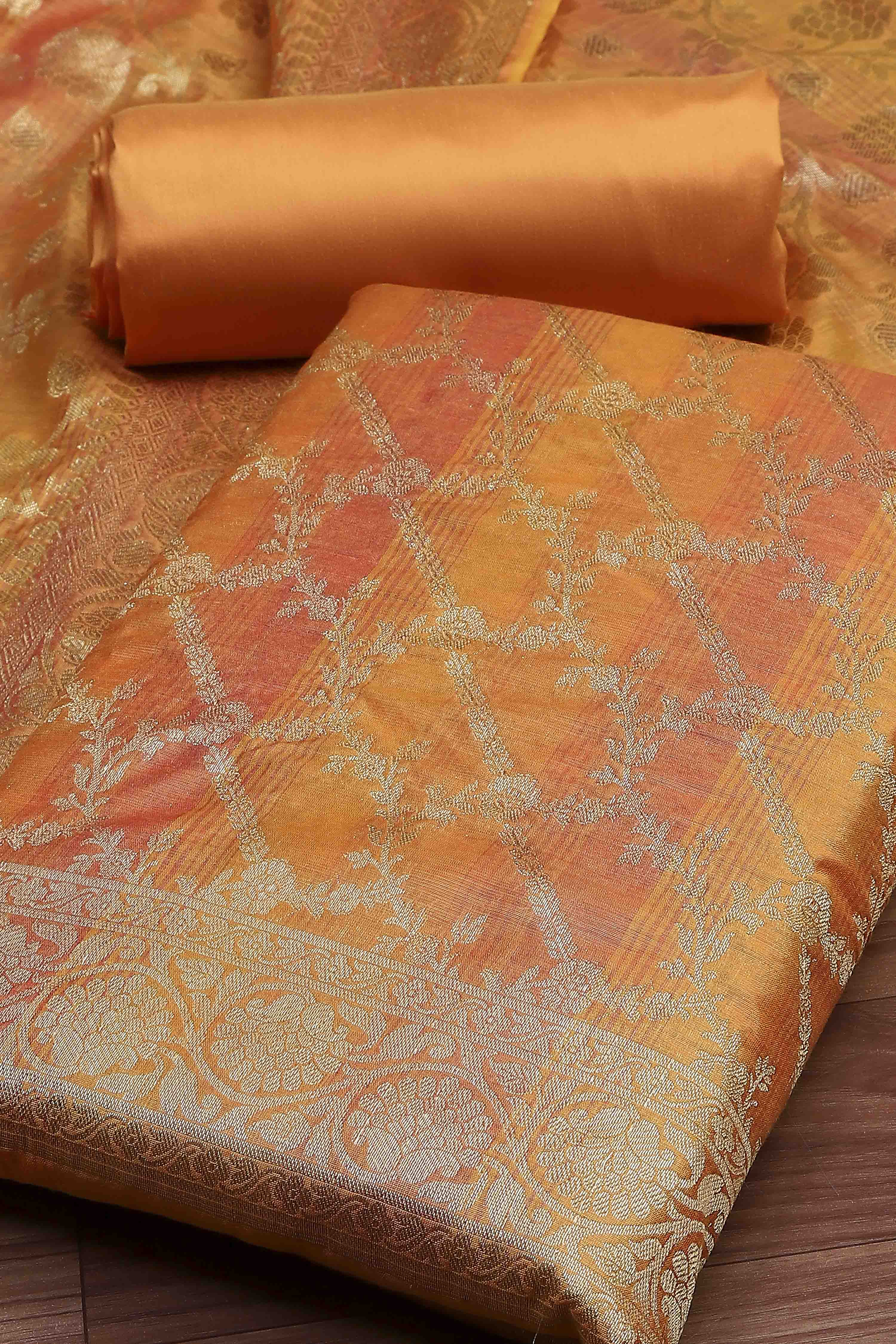 Rust Cotton Printed Embroidered Unstitched Suit Set image number 1