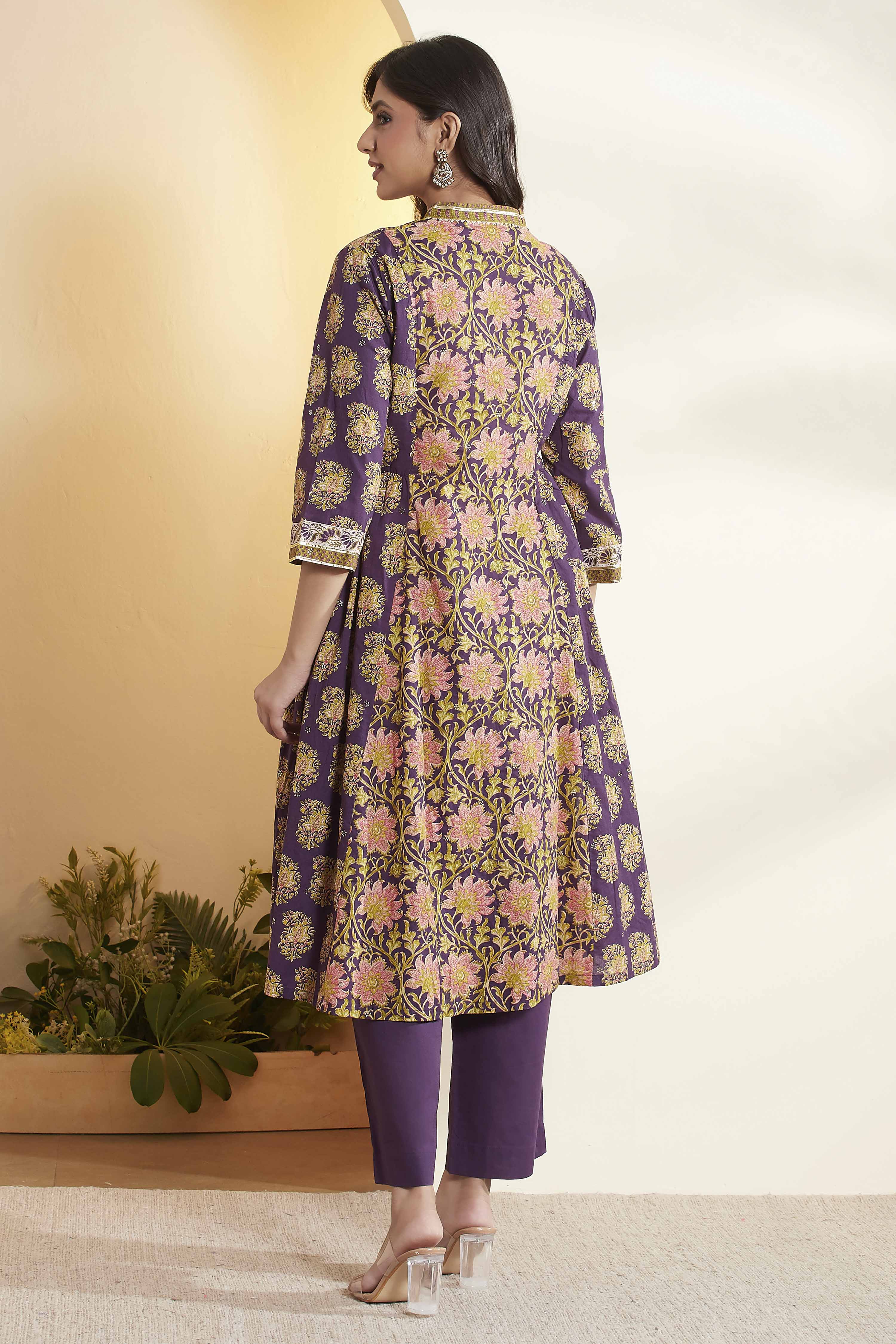 Purple Cotton Asymmetric Suit Set image number 6