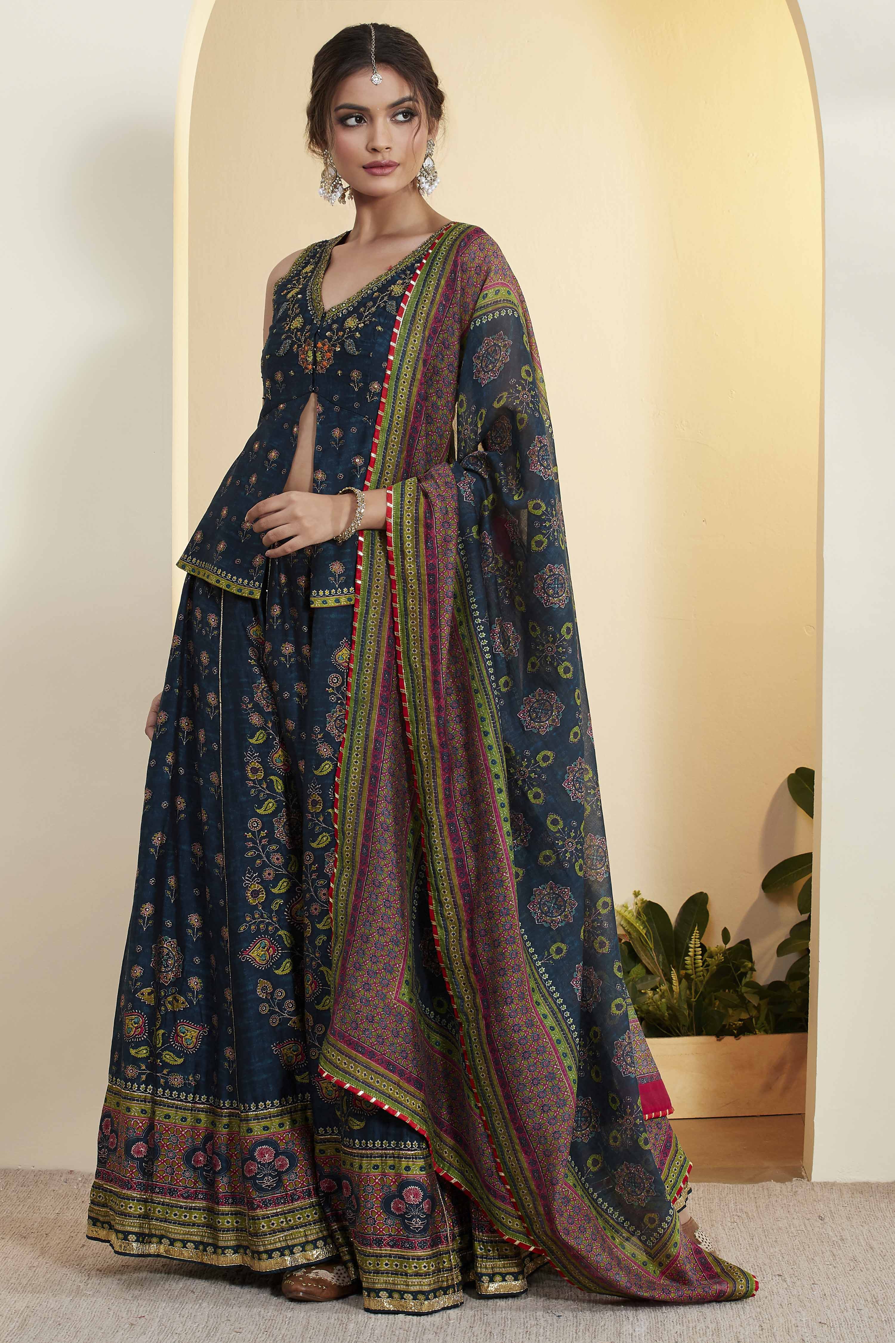 Blue Viscose Silk Floral Printed Peplum Lehenga Set image number 4