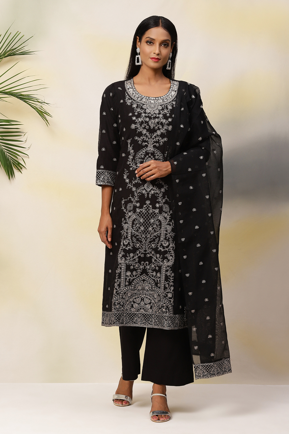 Black Art Silk Straight Kurta Palazzo Suit Set image number 4