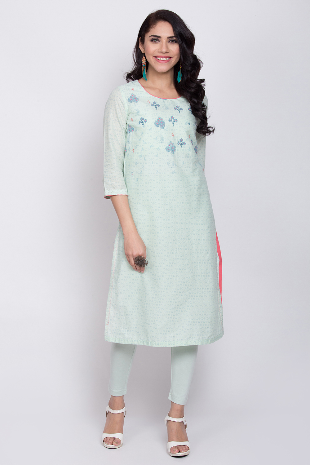 Mint Green Cotton Straight Printed Kurta image number 0