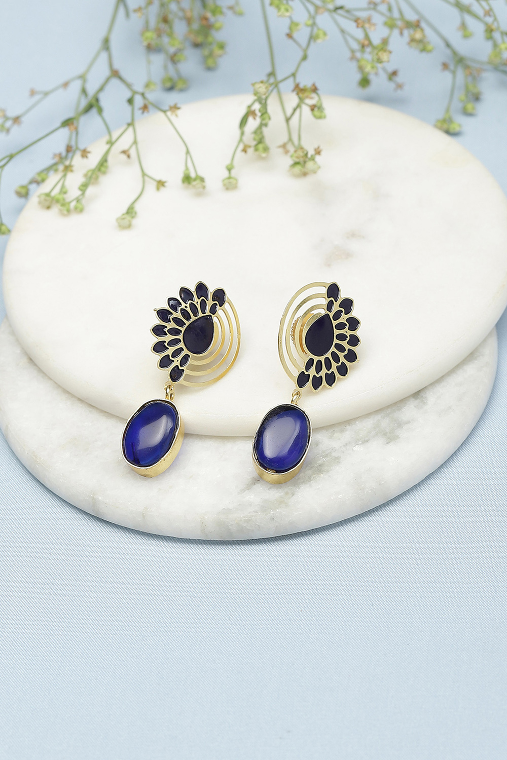 Gold Blue Brass Earrings image number 0