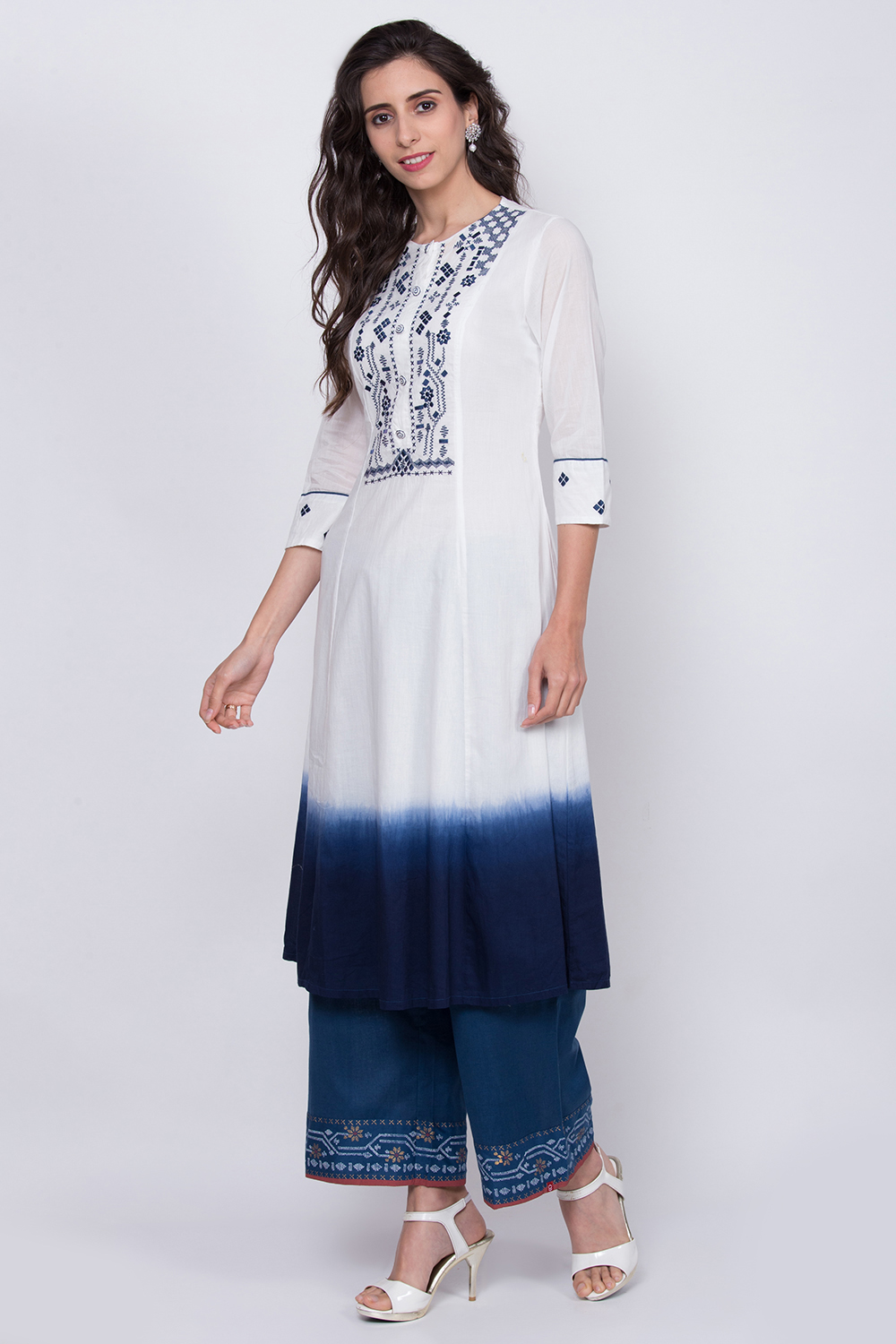 White And Indigo Cotton A-Line Kurta image number 2