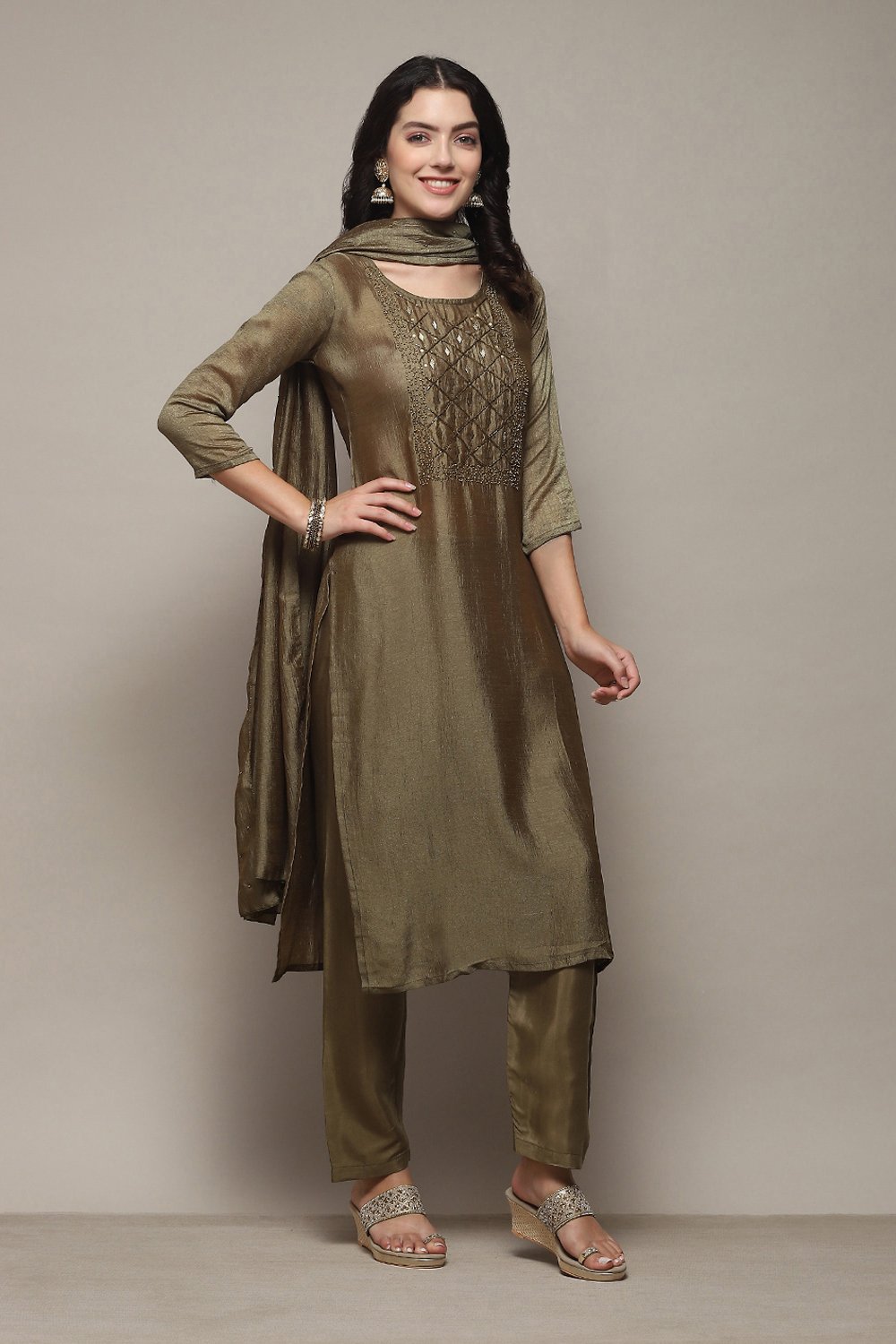 Olive Green Silk Blend Machine Embroidered Unstitched Suit Set image number 6