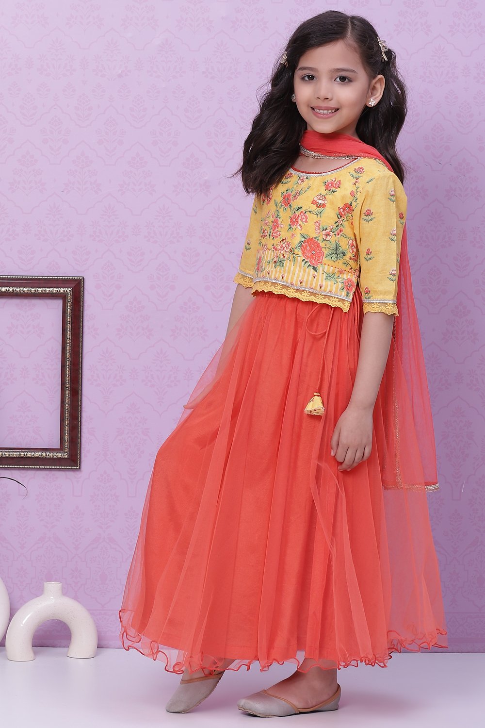 Yellow Orange Cotton Lycra Lehenga Set image number 7