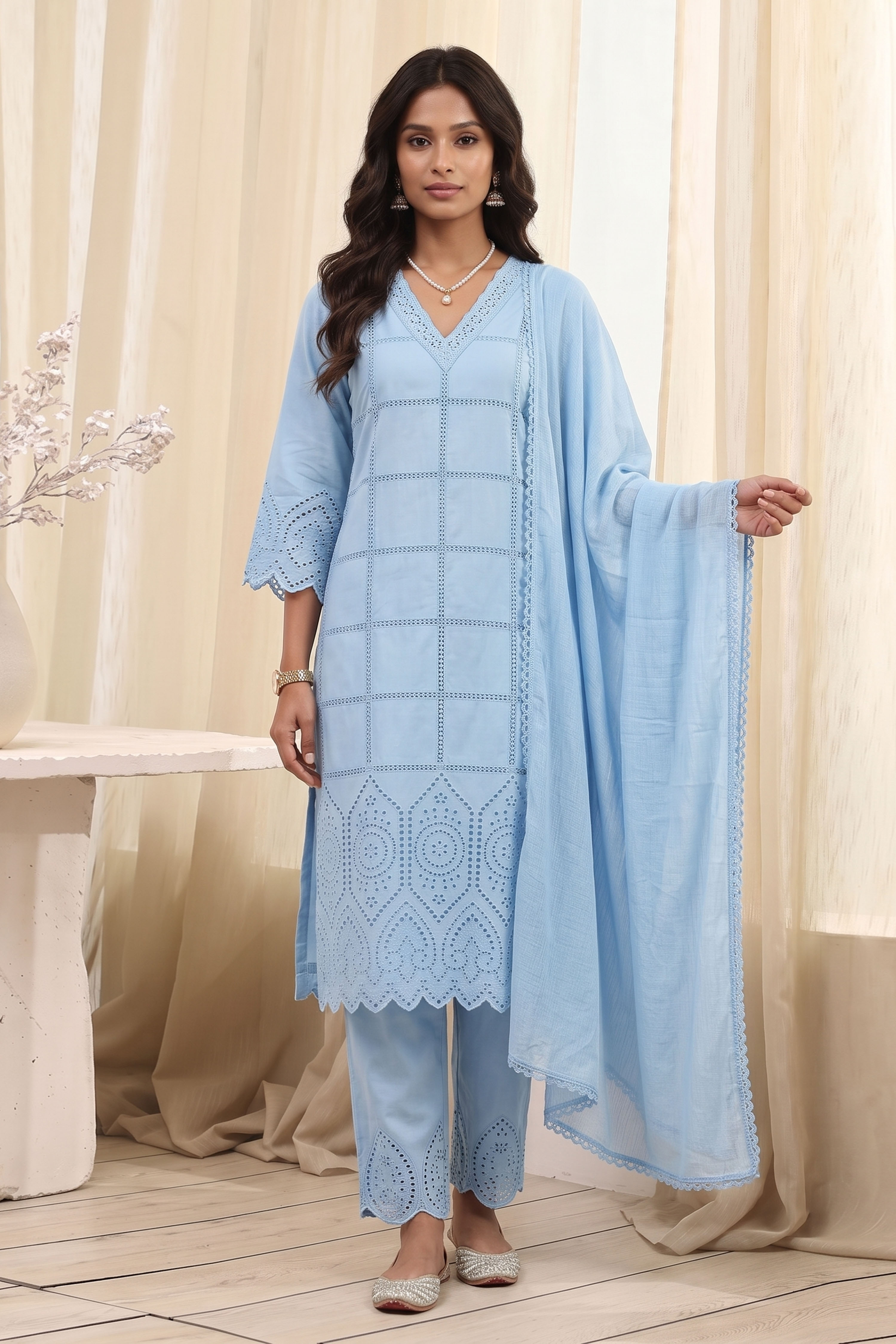 Blue Cotton Straight Suit Set image number 6