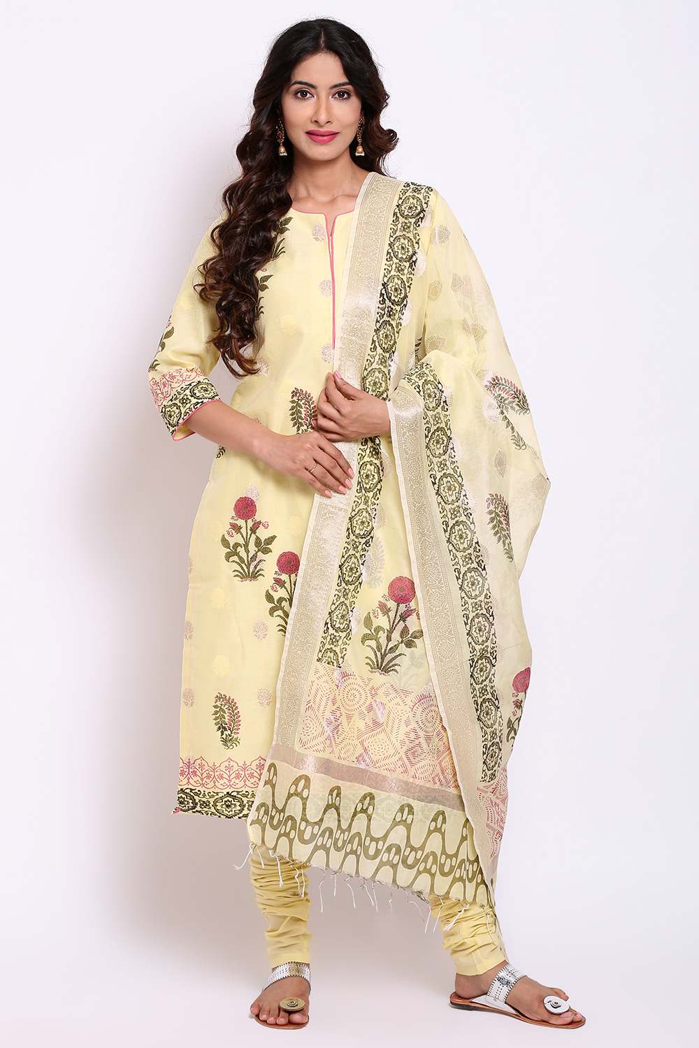 Pale Yellow Poly Metallic Cotton Straight Kurta Churidar Suit Set image number 2