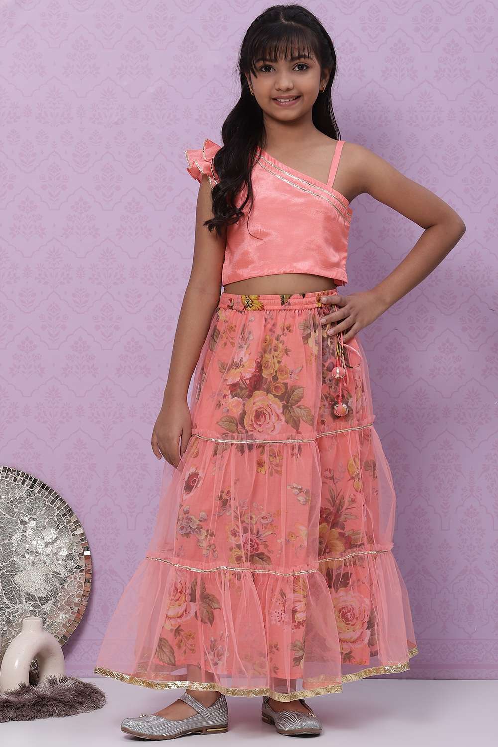 Peach Art Silk Girls Lehenga Set image number 0