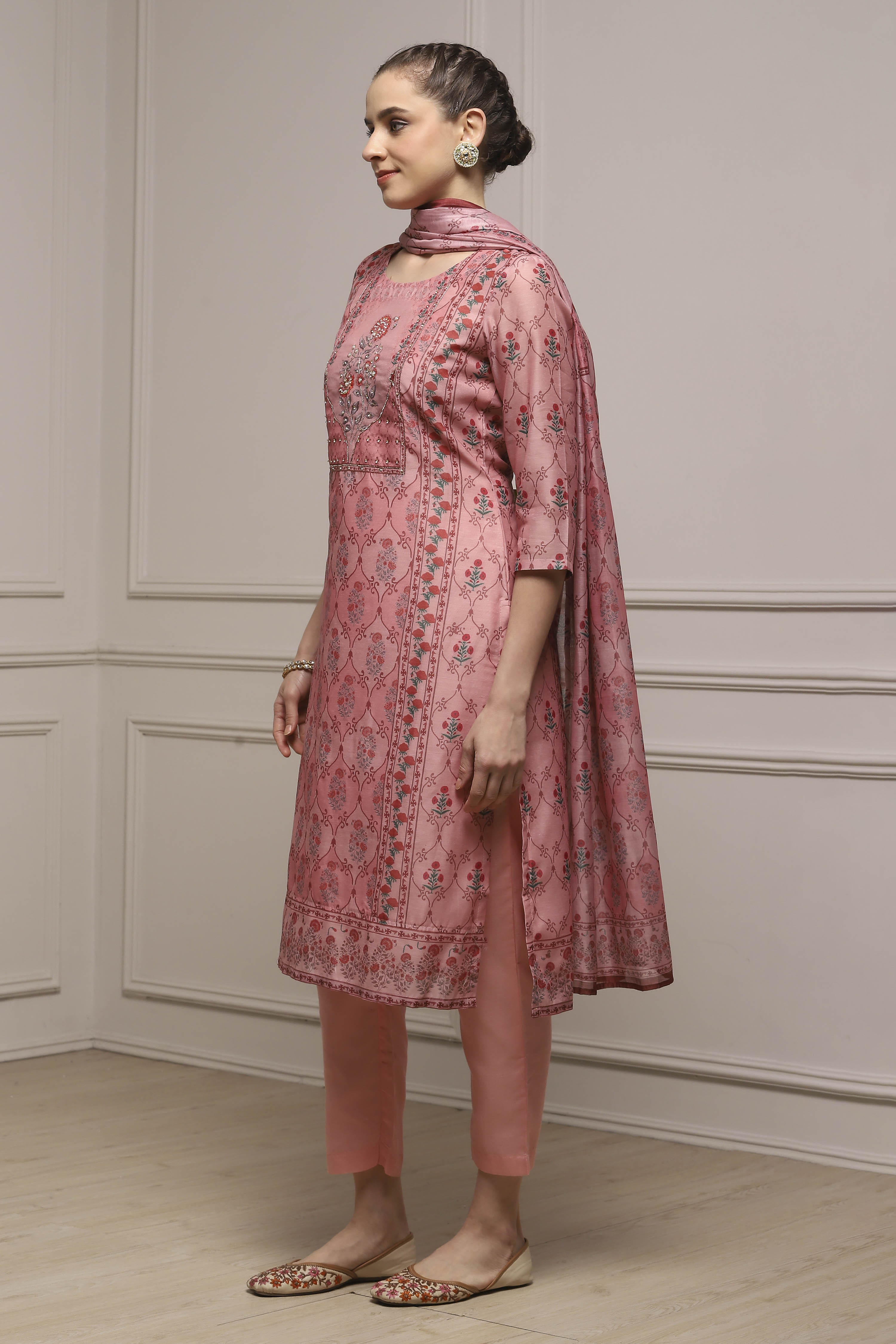 Pink Chanderi Blend Printed Embroidered Unstitched Suit Set image number 4