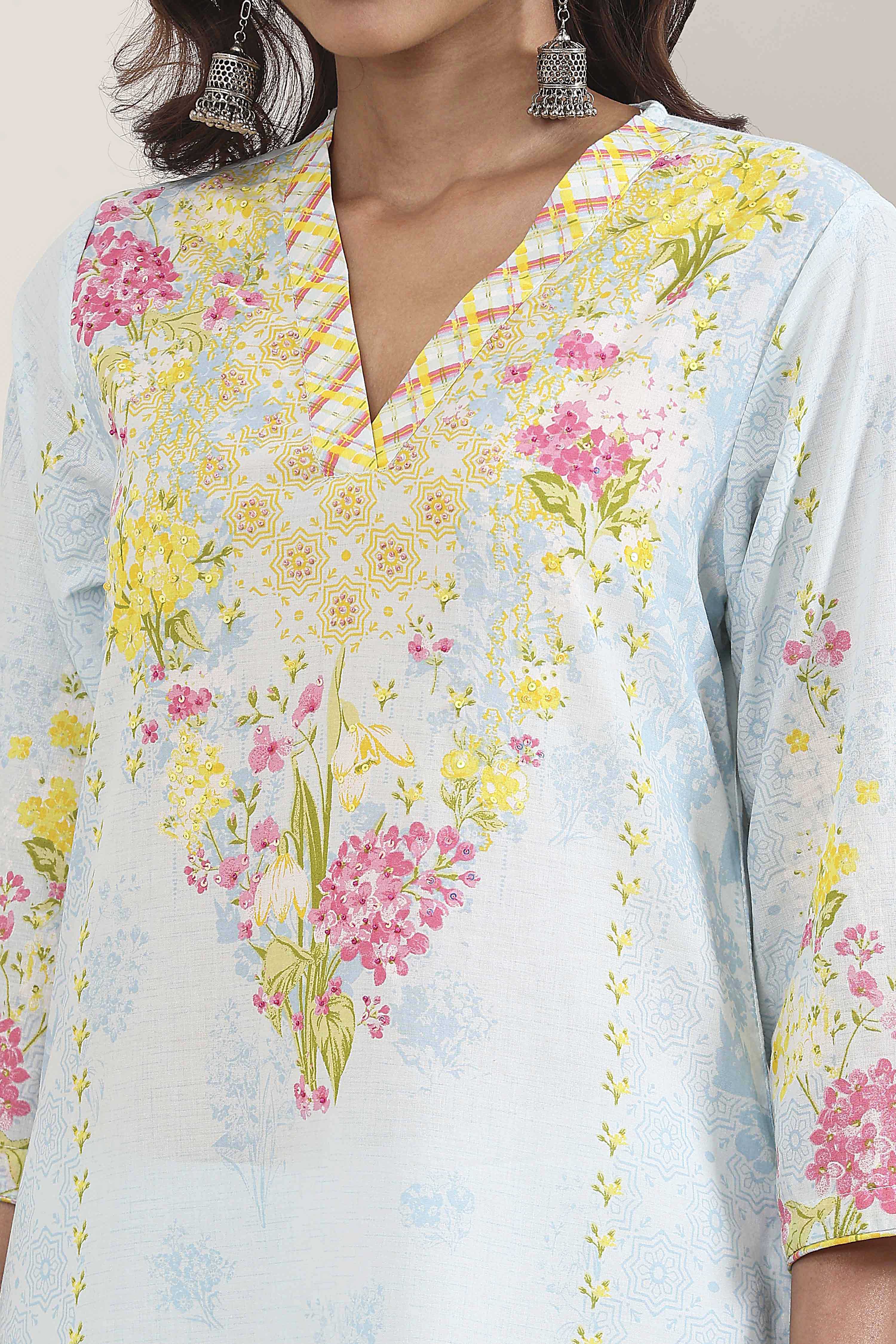 Powder Blue Cotton Printed Straight Suit Set image number 1