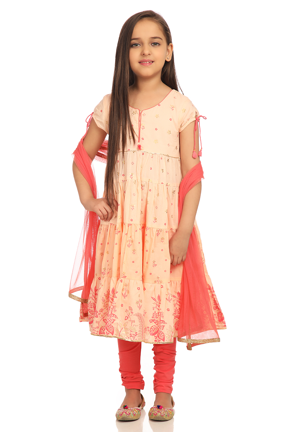 Peach Cotton Anarkali Kurta Churidar Suit Set image number 0