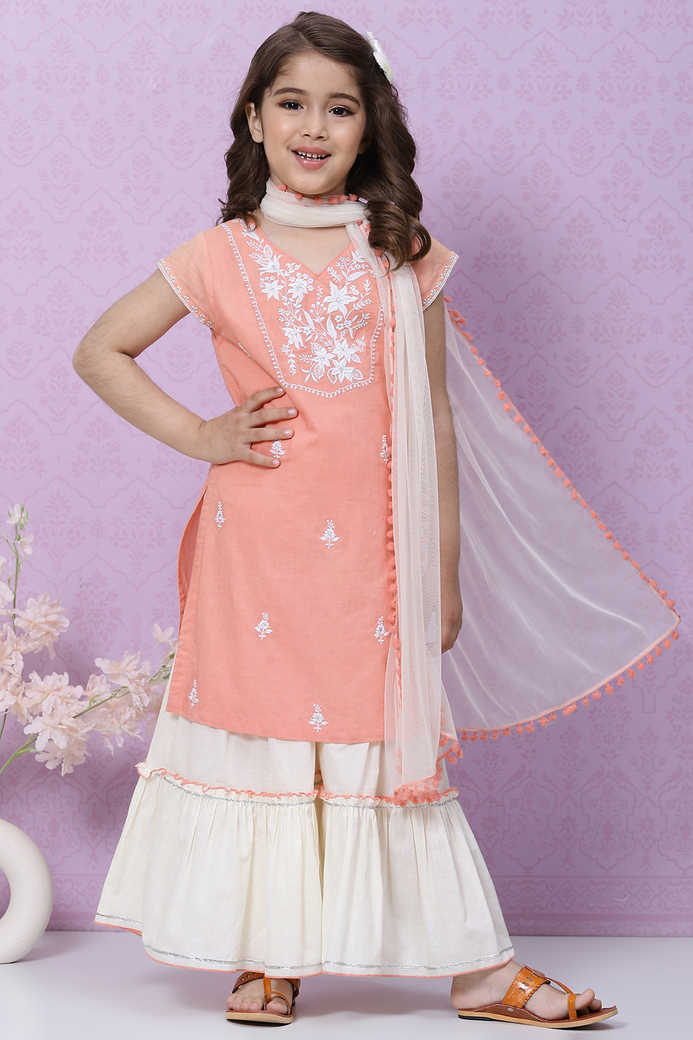 Peach Cotton Garara Kurta Sharara Suit Set image number 6