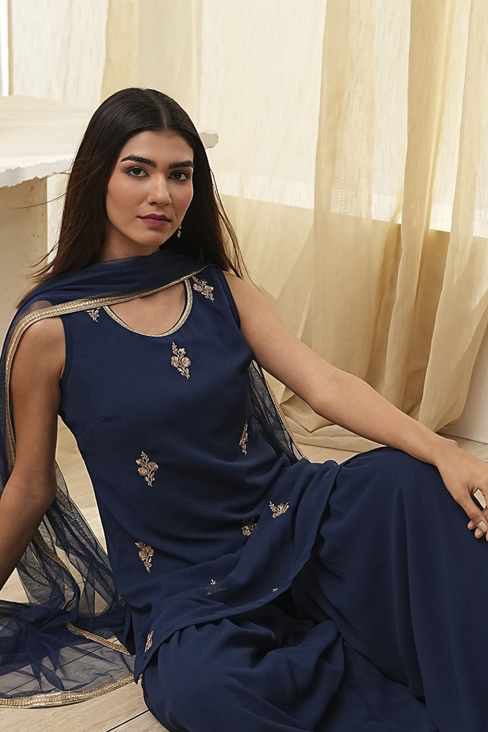 Ochre Yellow Embroidered Straight Suit Set image number 7