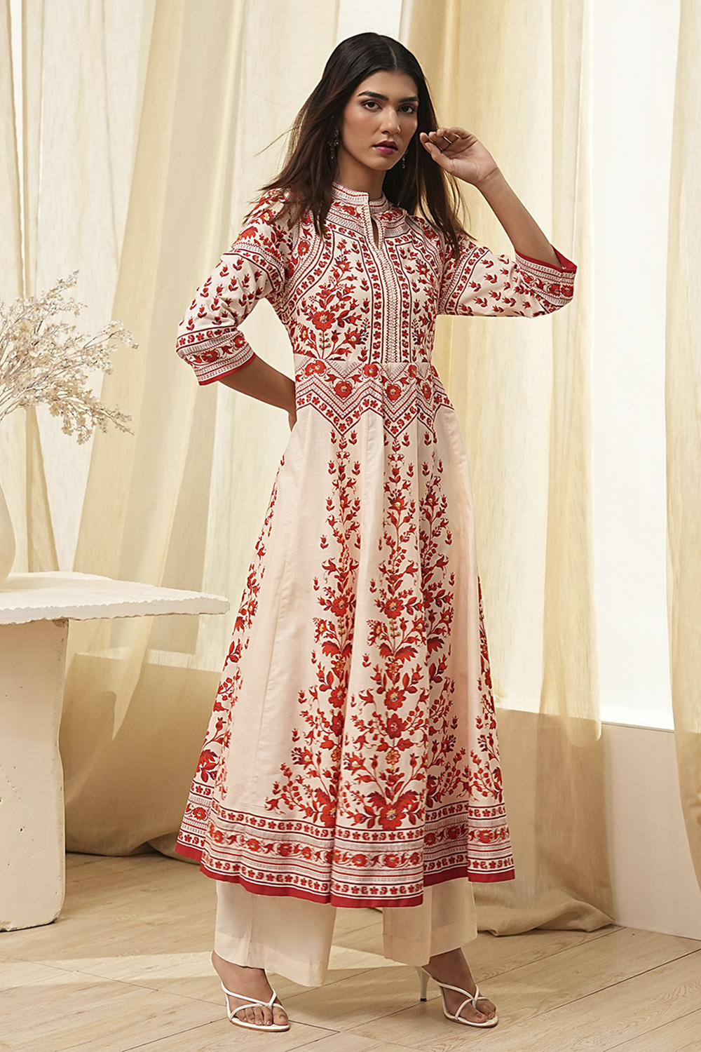 White and Black Cotton Printed Anarkali Kurta Set image number 6