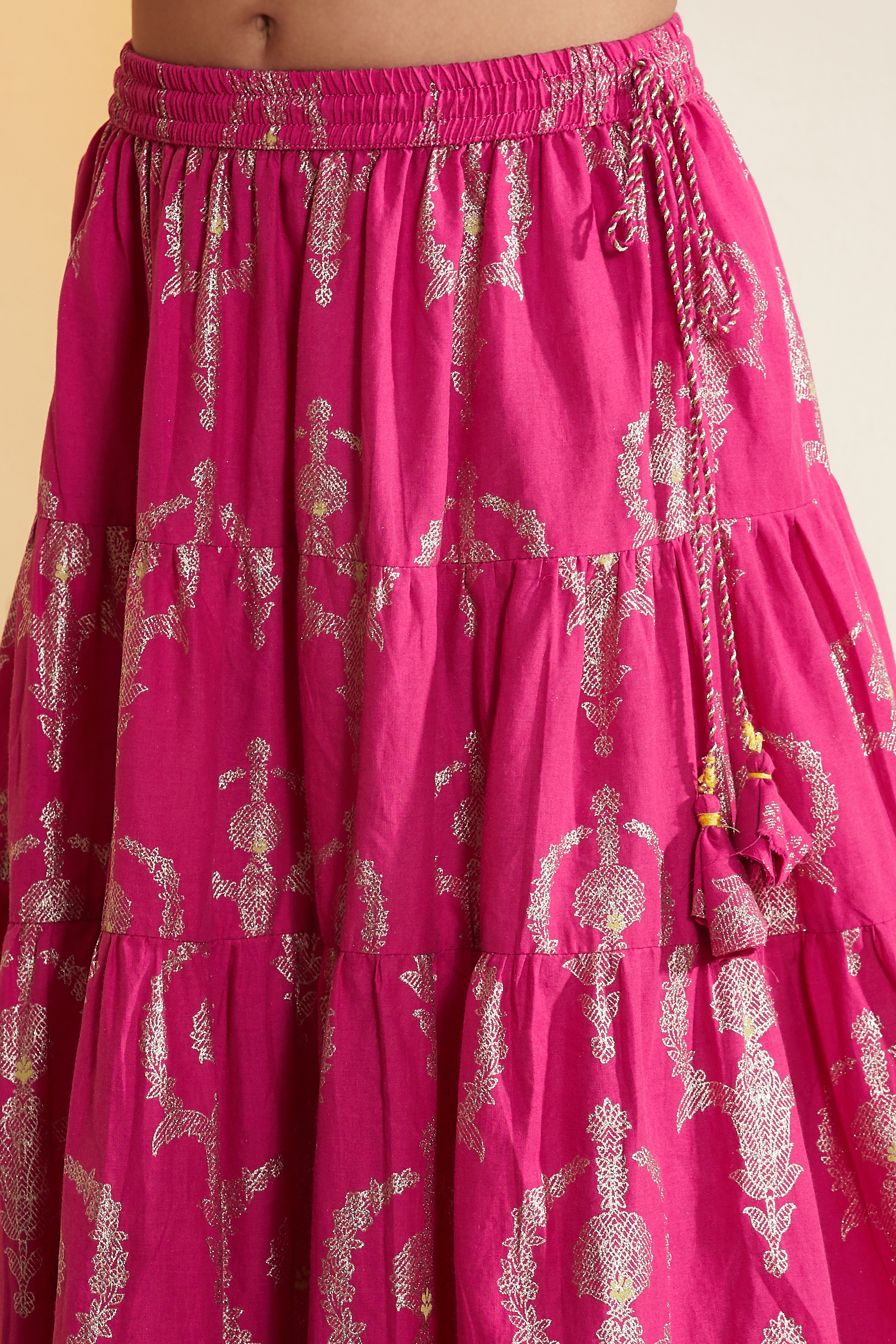 Pink Cotton Printed Tiered Lehenga Set image number 2