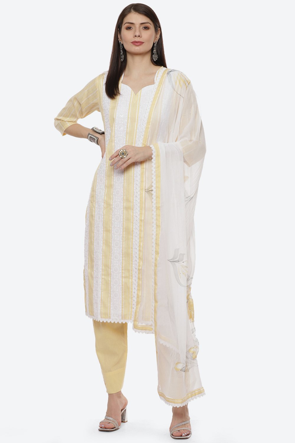 Yellow Cotton Unstitched Suit Set image number 0