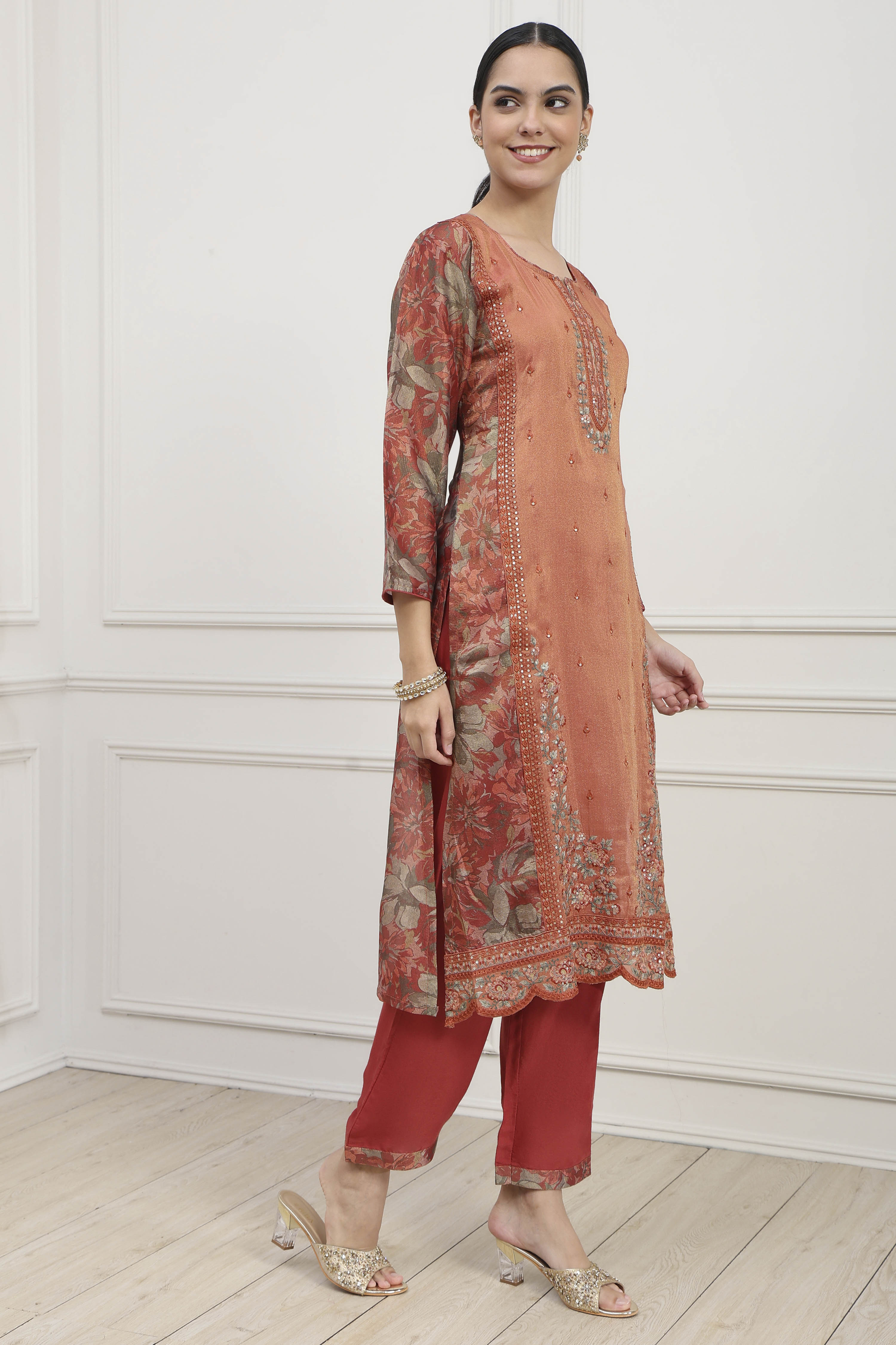 Rust Silk Blend Machine Embroidered Unstitched Suit Set image number 6