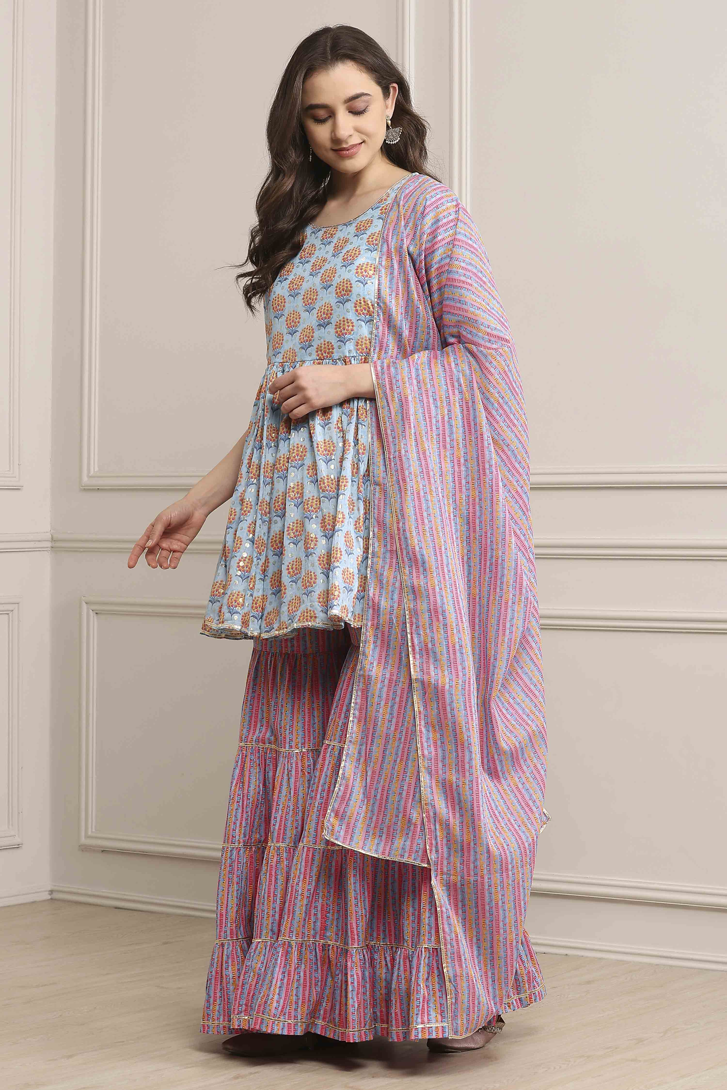 Light Blue Cotton Straight Kurta Garara Suit Set image number 3