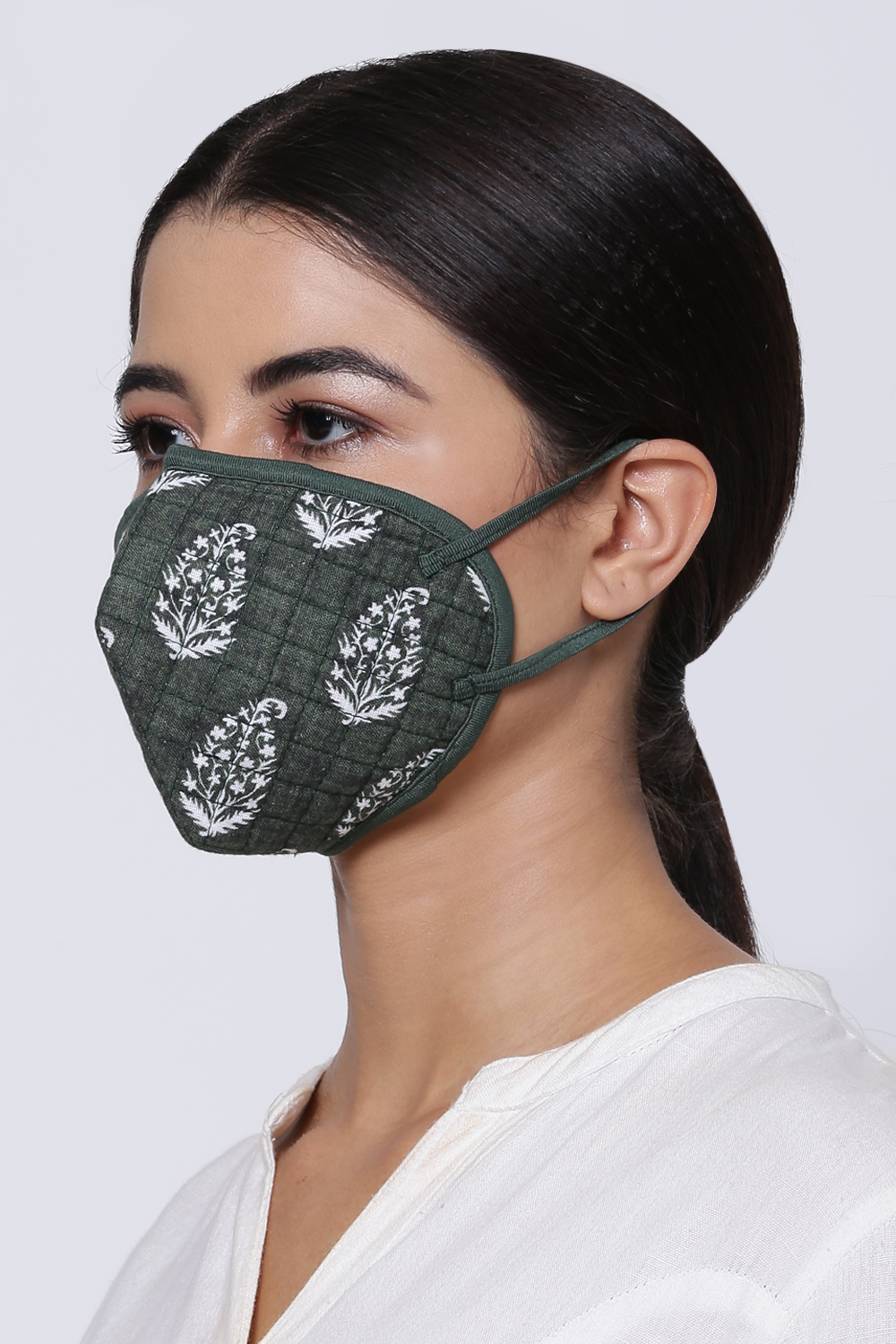 Green Cotton Flax Printed Face Mask image number 2