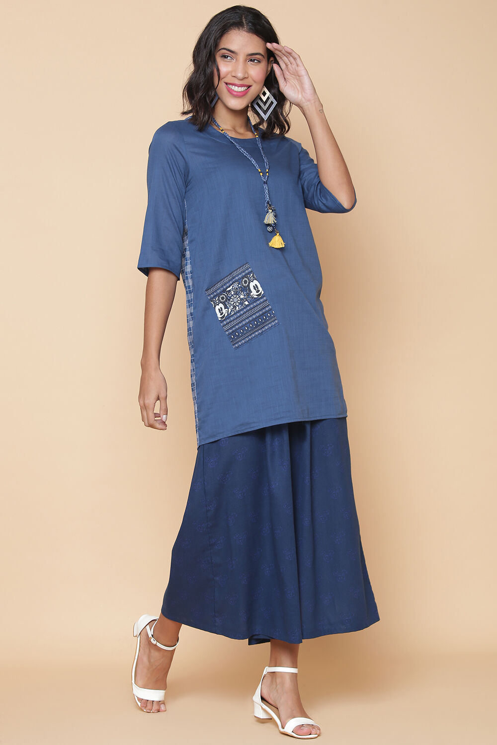 Blue Cotton Straight Printed Kurta image number 3